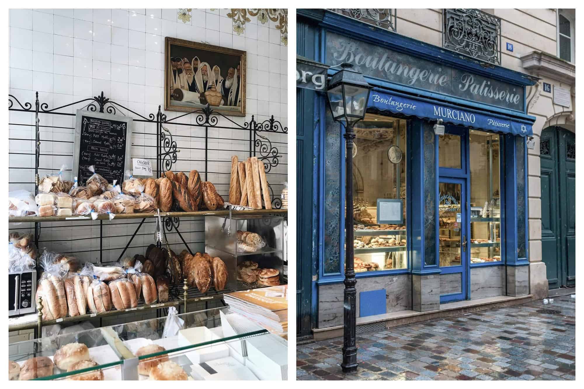 Left: Assorted bread in a bakery. Right: The outside of Boulangerie Murciano in Le Marais. 