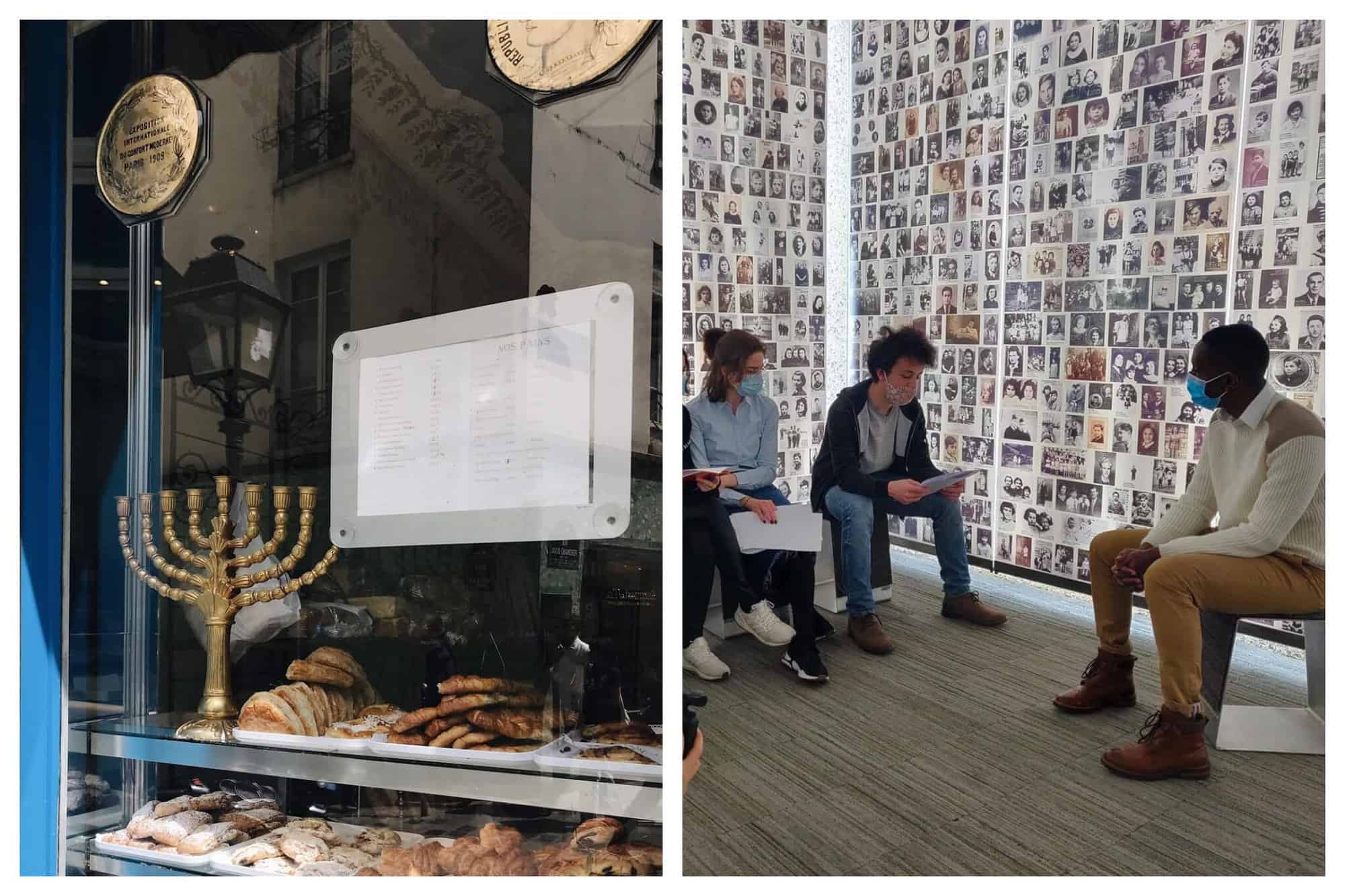 Left: The window of Boulangerie Murciano in Paris. Right: A tour group inside of Memorial Shoah.
