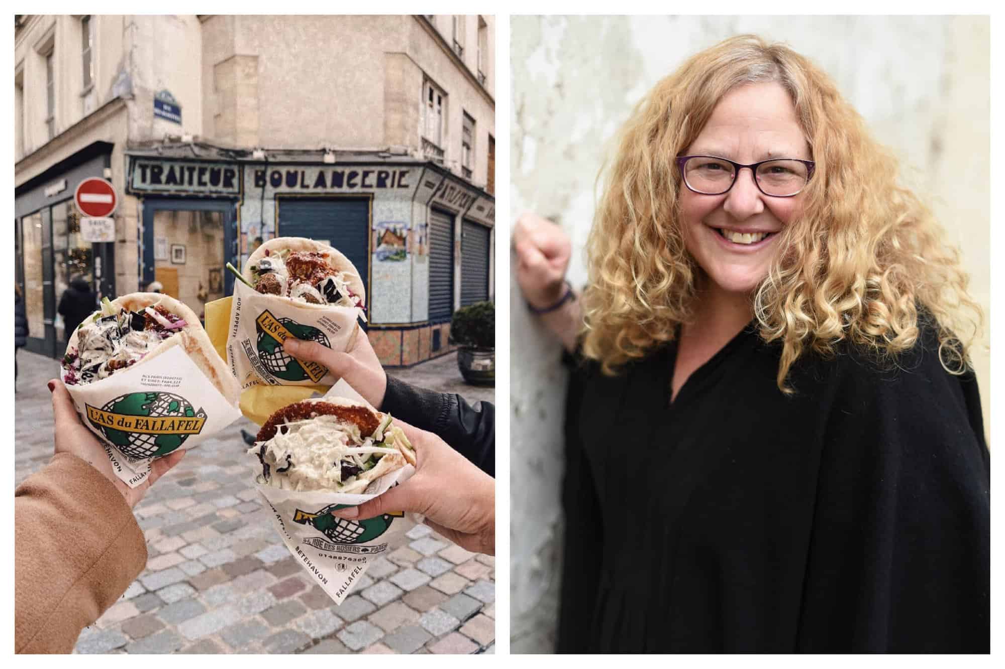 Left: Three people holding falafel wraps from L'As du Fallafel in Le Marais. Right: Karen Reb Rudel smiling. 