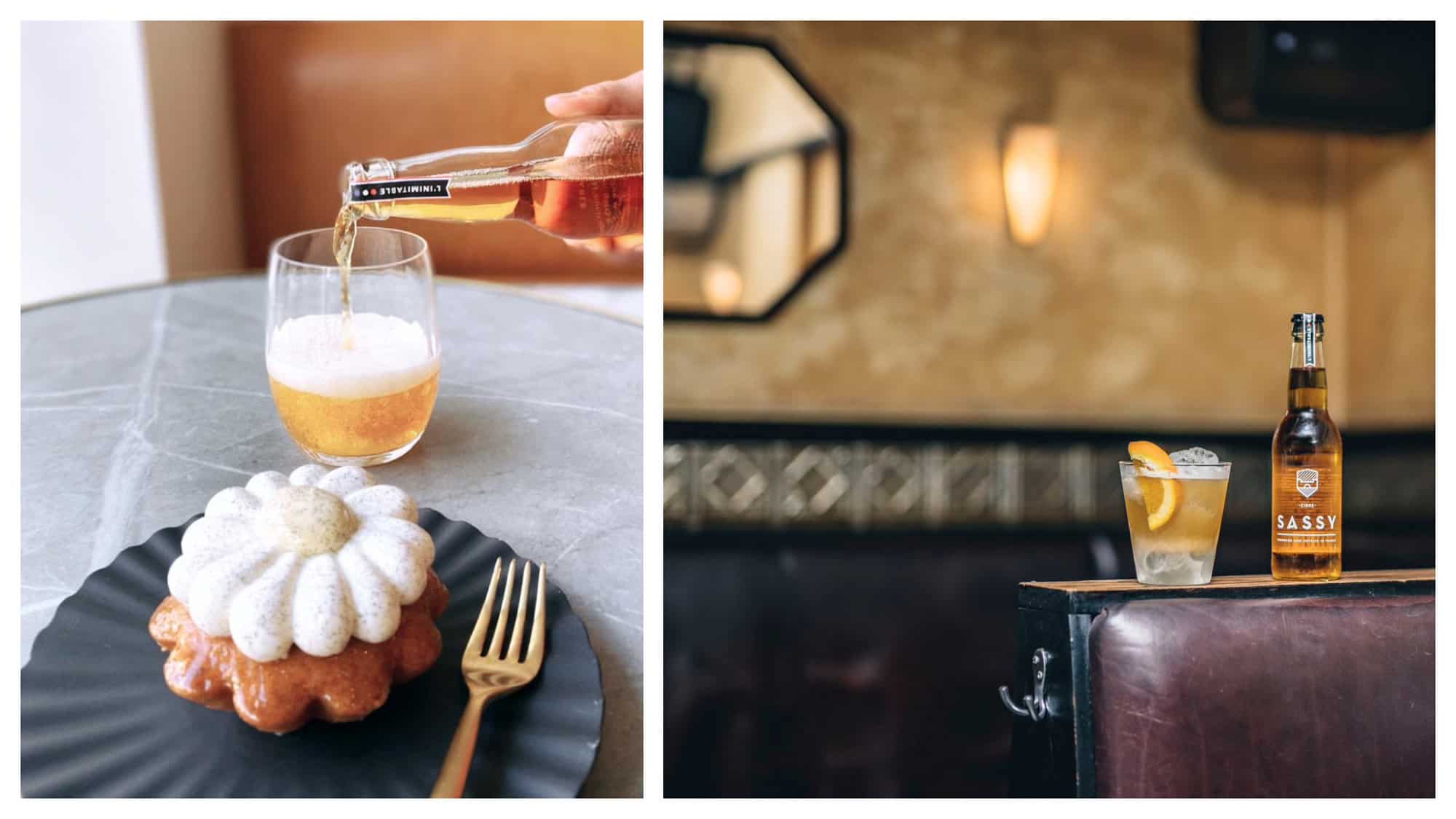 Left: a hand pouring a glass of cider with a dessert in front.
Right: a glass of Maison Sassy cider and the bottle in a bar.