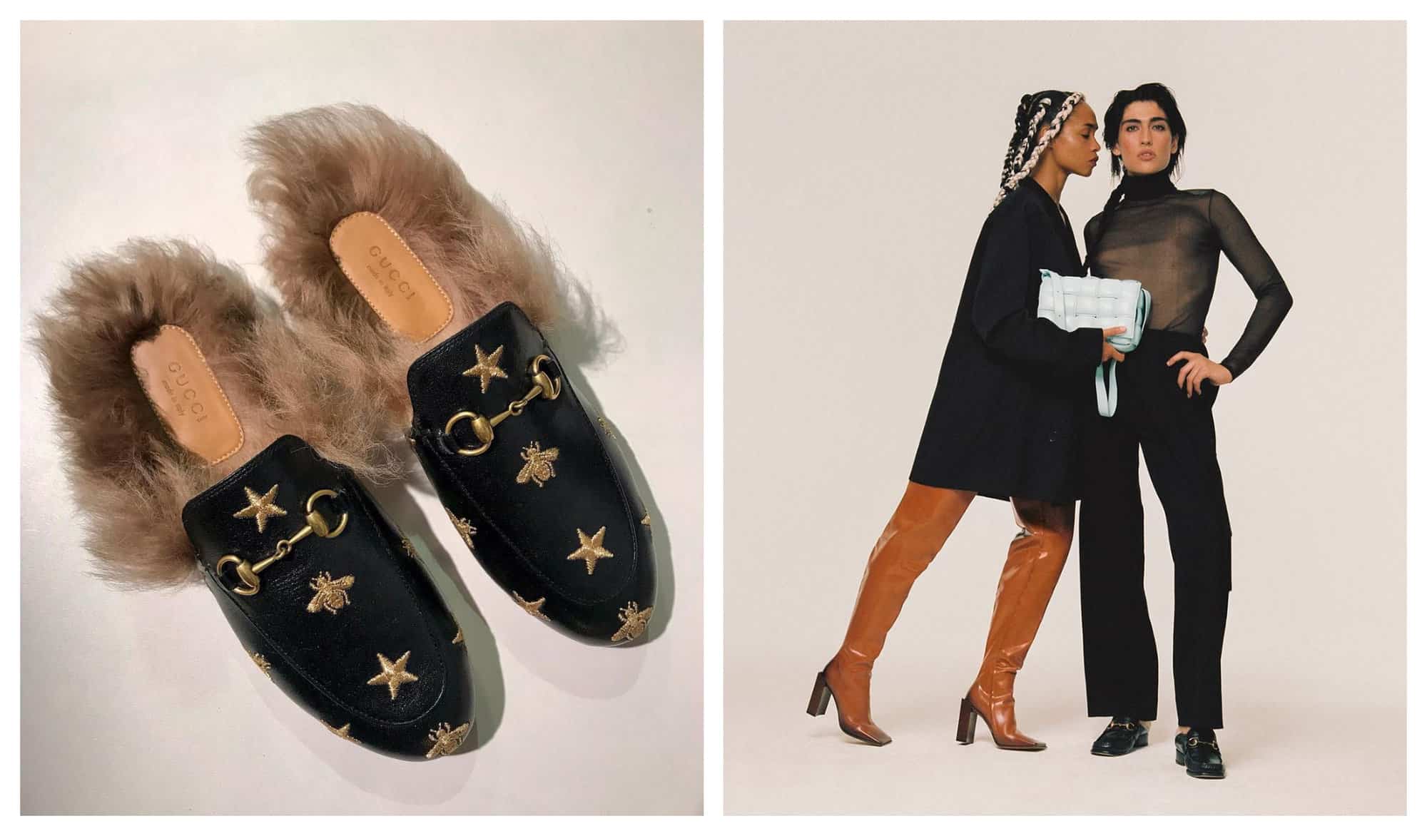 Left: A picture of a limited edition black Gucci loafers in fur. Right: 2 models wearing black poses for the camera.