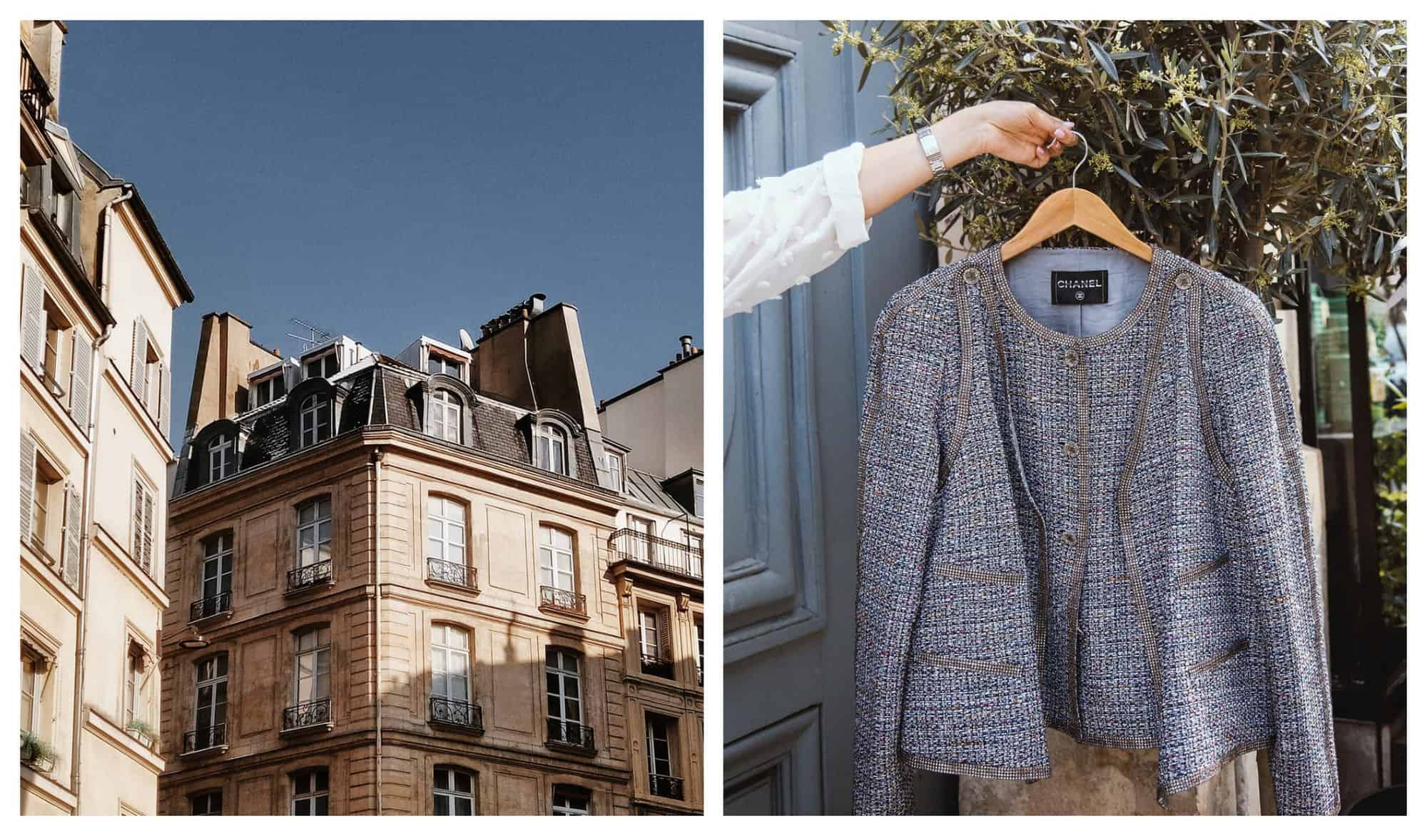Left: A picture of a Parisian building with its gray rooftop and the blue sky. Right: A woman holds blue Chanel blazer hanged in a hanger in her left hand. Behind her is a blue Parisian door and a plant.