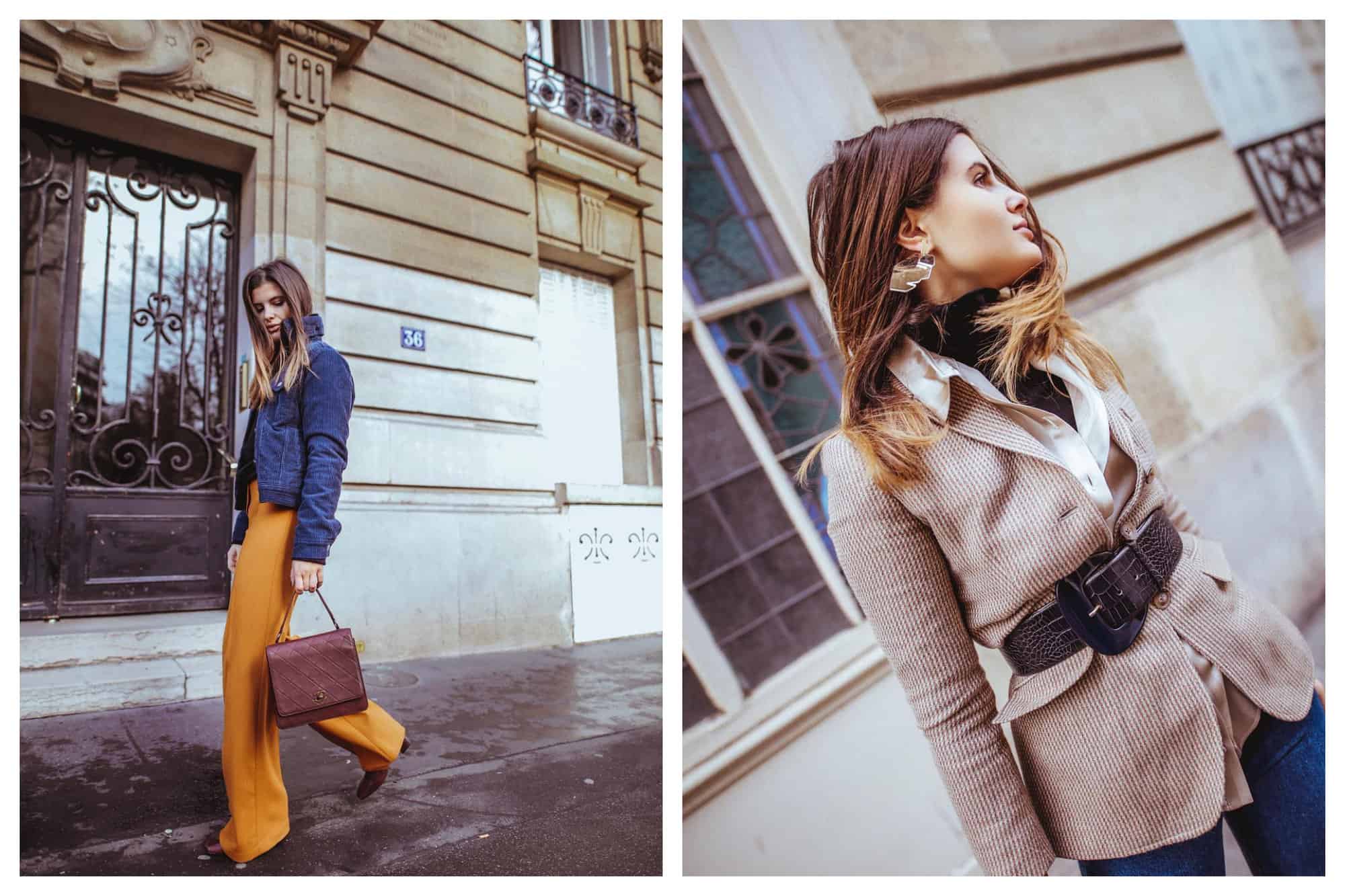 Left: A Parisian woman wearing vintage (denim blazer, orange jeans, burgundy Chanel bag) is walking through a Parisian street. Right: A Parisian woman is wearing vintage (black turtleneck, white button-down, beige and red blazer, blue jeans, and black waist belt in a Parisian pavement.