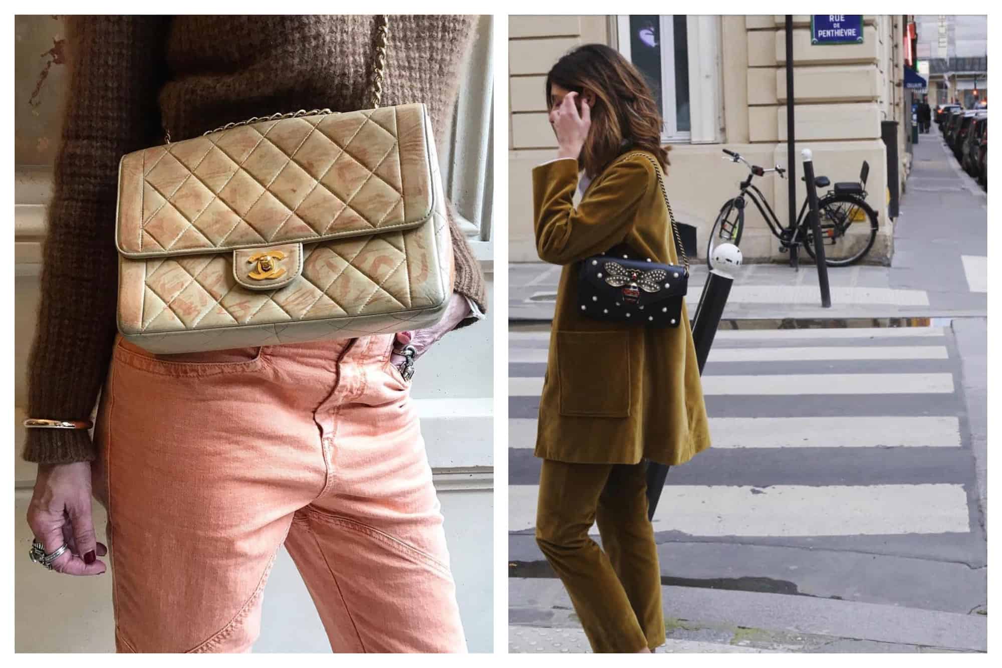 Left: A Parisian woman poses for the camera to showcase her vintage beige Chanel bag as she wears a brown sweater and peach jeans. Right: A Parisian woman in khaki suit wears a black bag as she walks in rue de Penthevre.