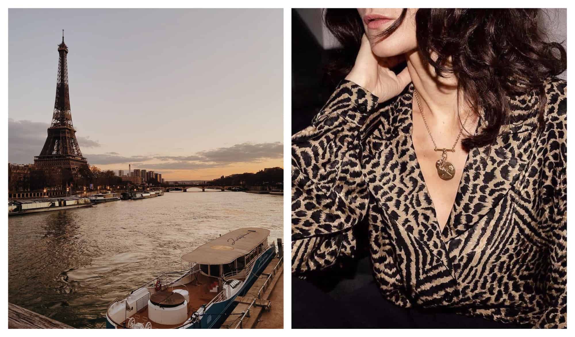 Left: A photo of the Eiffel tower, the seine, and a boat taken at sunset. Right: A picture fo a woman with a gold necklace and leopard print shirt.