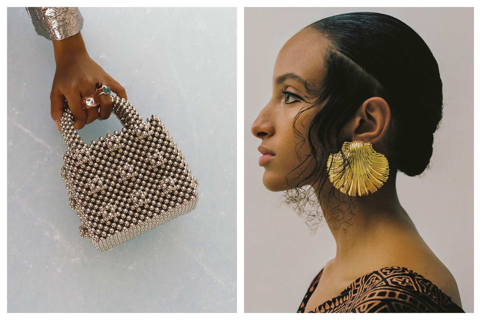 Left: A hand holds a vintage golden sequined bag. Right: A woman in modern Egyptian style wears big golden sea-shell earrings.