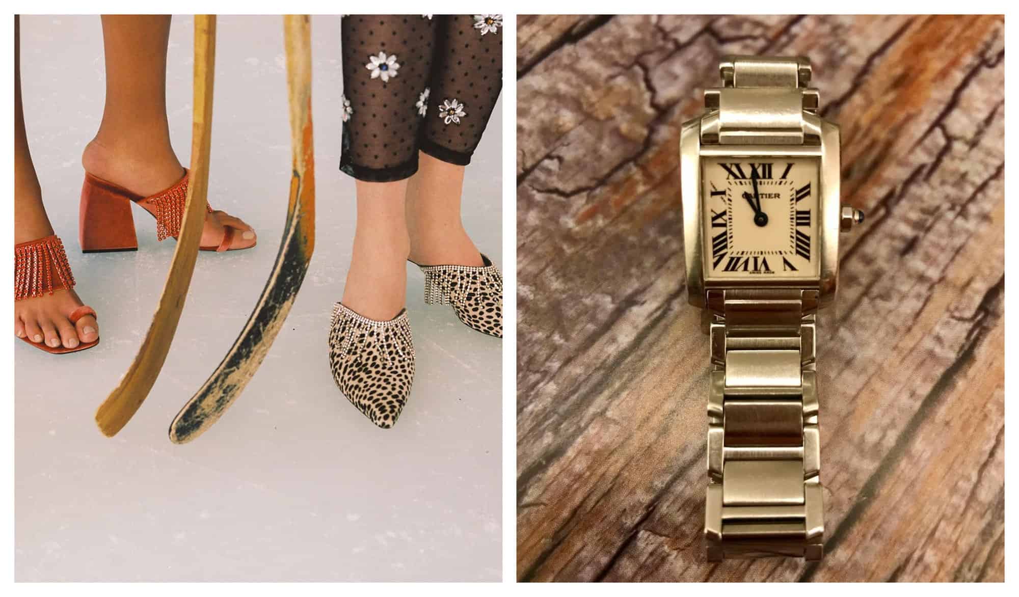 Left: 2 feet wearing 2 sets of shoes. The one of the left is wearing orange sandals while the one on the left is wearing leopard print mules. Right: A picture of a vintage golden Cartier watch.