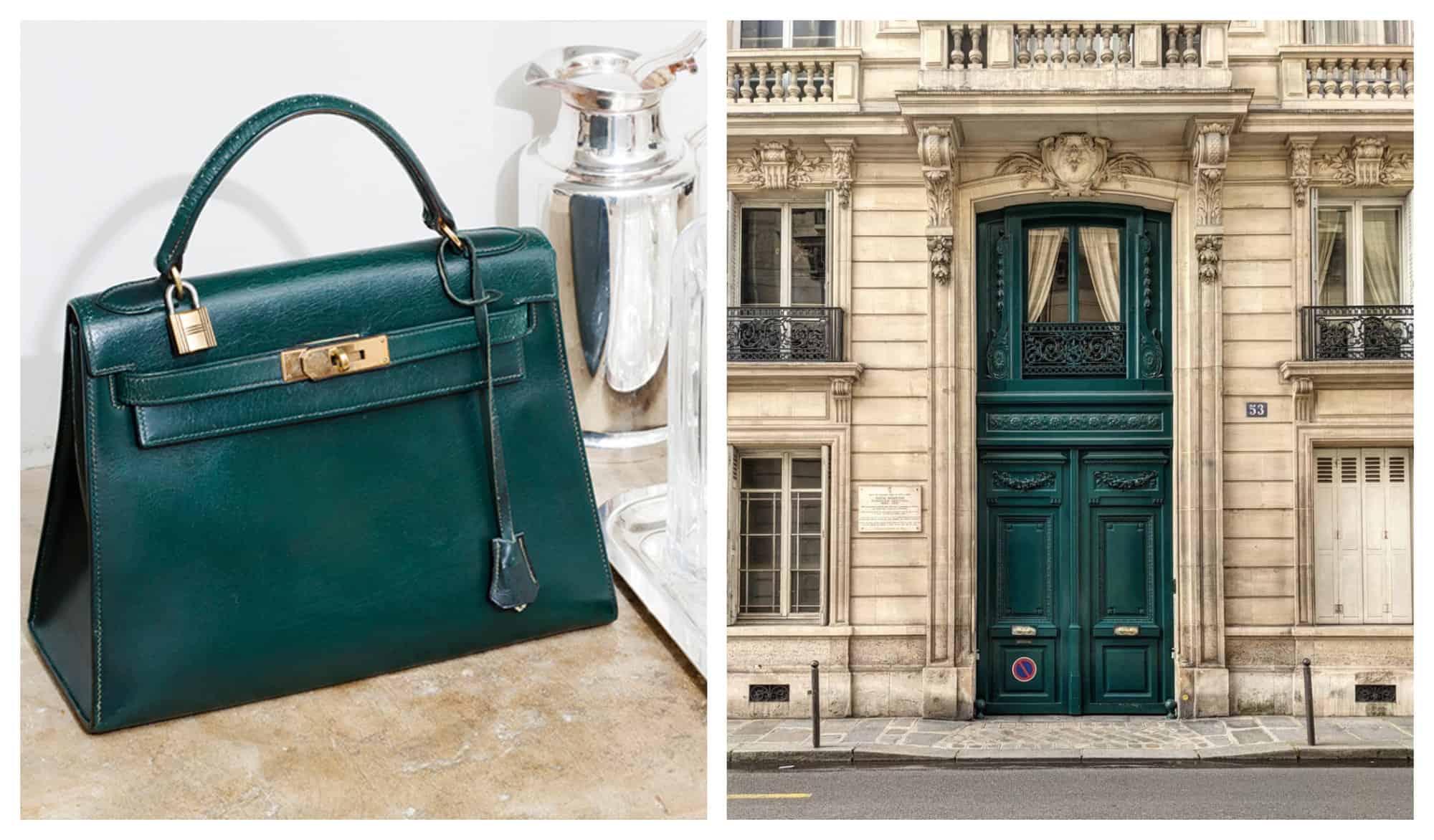 Left: A photo of a green Hermès Birkin bag. Right: A photo of a Parisian building with a green door.