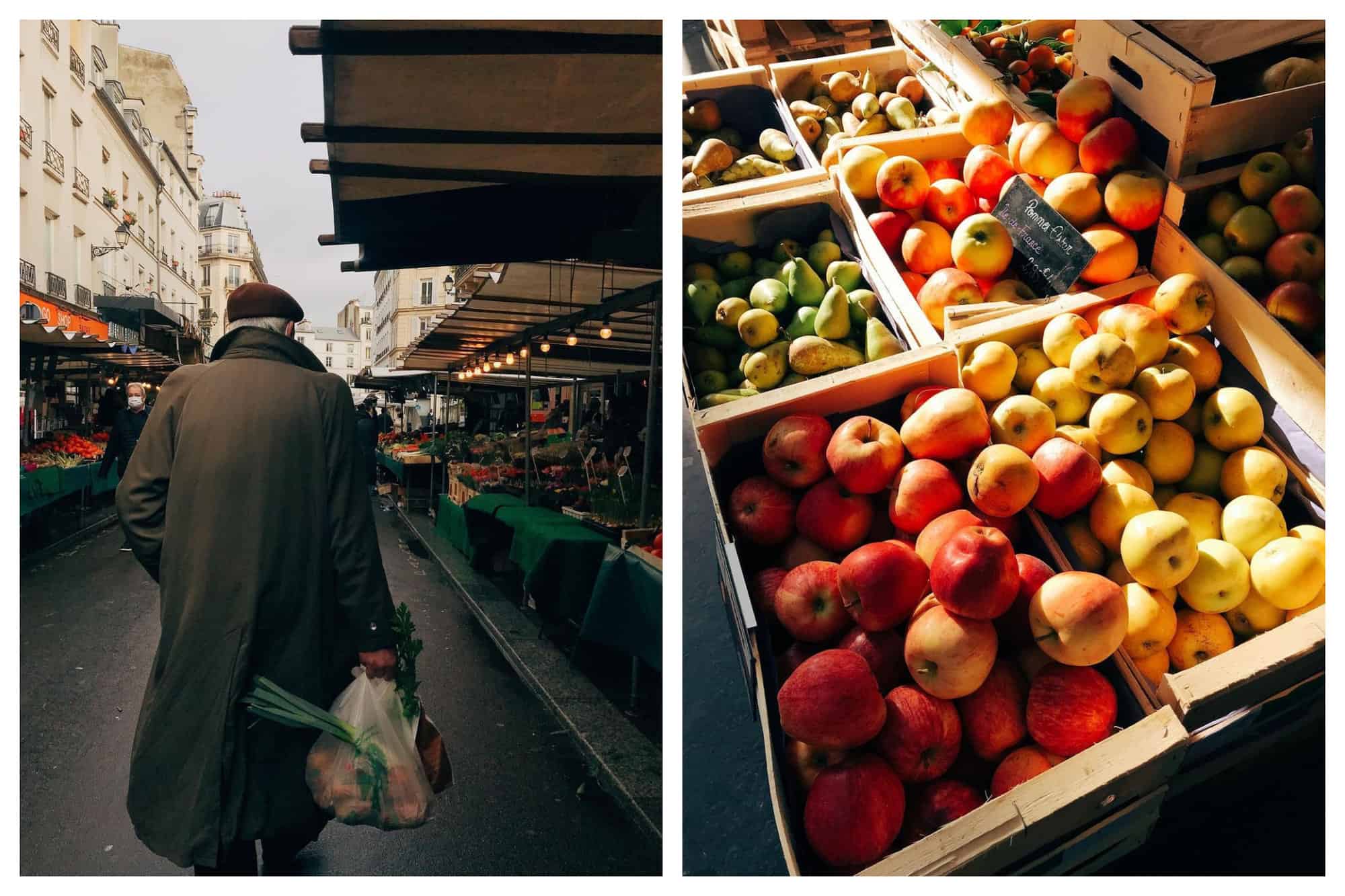 Left: An old man dressed in a khaki green trench coat and brown newsboy hat is walking through an outdoor market. He is carrying in his right hand a bag of vegetables and herbs. This street is lined with different types of colorful produce. Right: A close up of baskets of fresh fruits in a market. Some of the fruits are red apples, green apples, yellow apples, green pears, and red plums.
