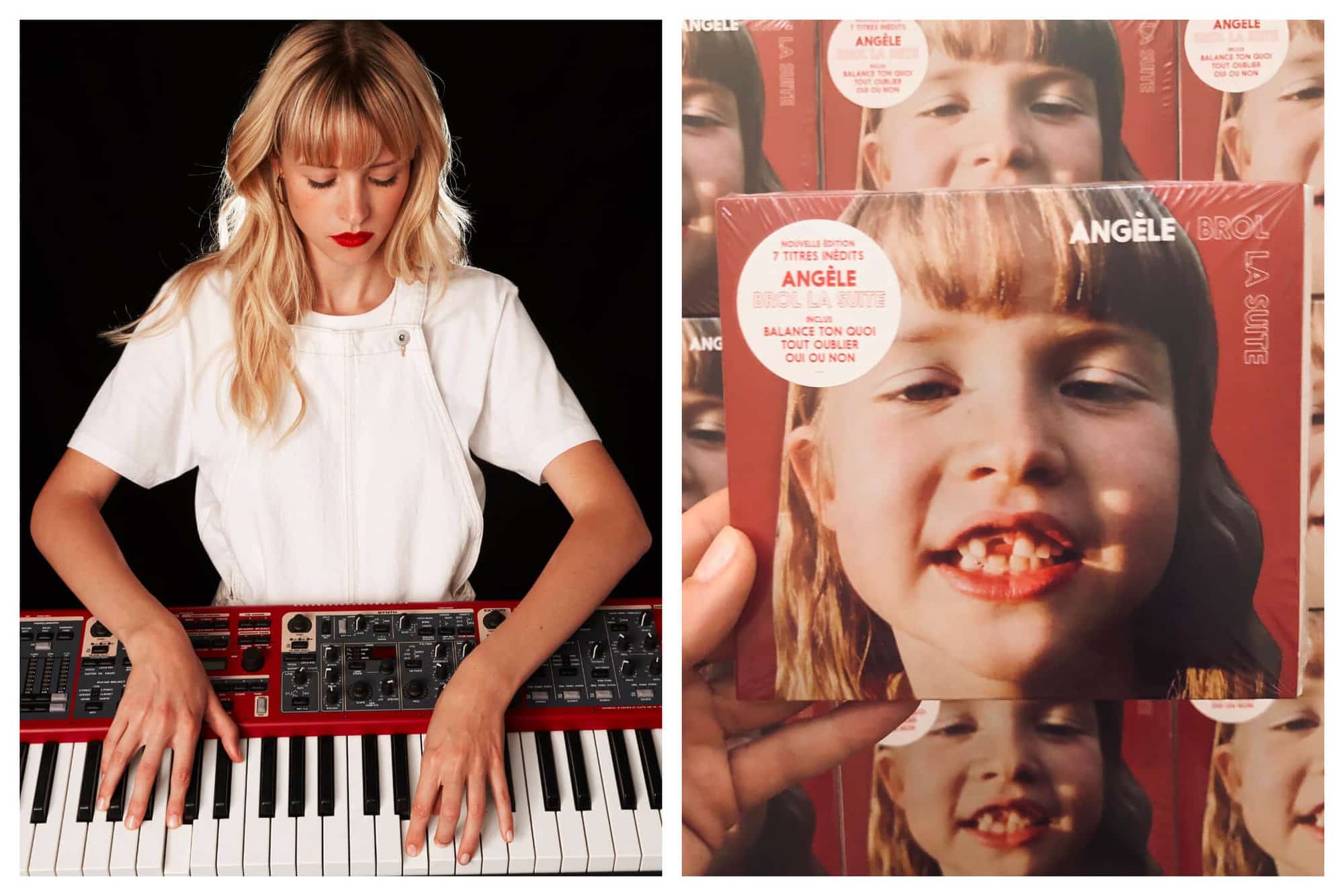 Left: Angèle standing behind a piano keyboard, with her fingers on the keys. Right: Angèle's album cover.