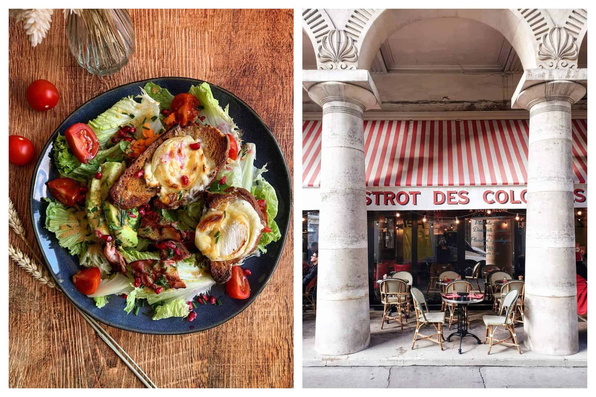Left: A chèvre chaud salad. Right: An empty terrace in Paris.