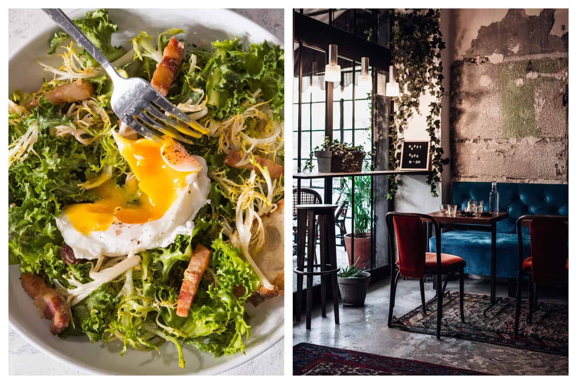 Left: A Lyonnaise salad. Right: The indoors of a restaurant in Paris.