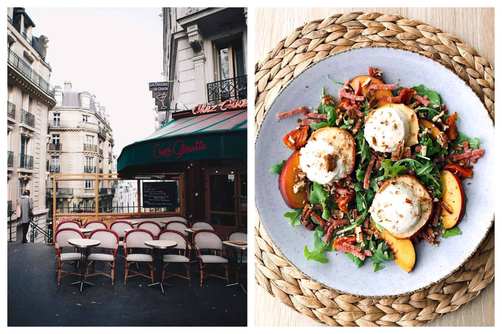 Left: An empty terrance in Montmartre in Paris. Right: A chèvre chaud salad.