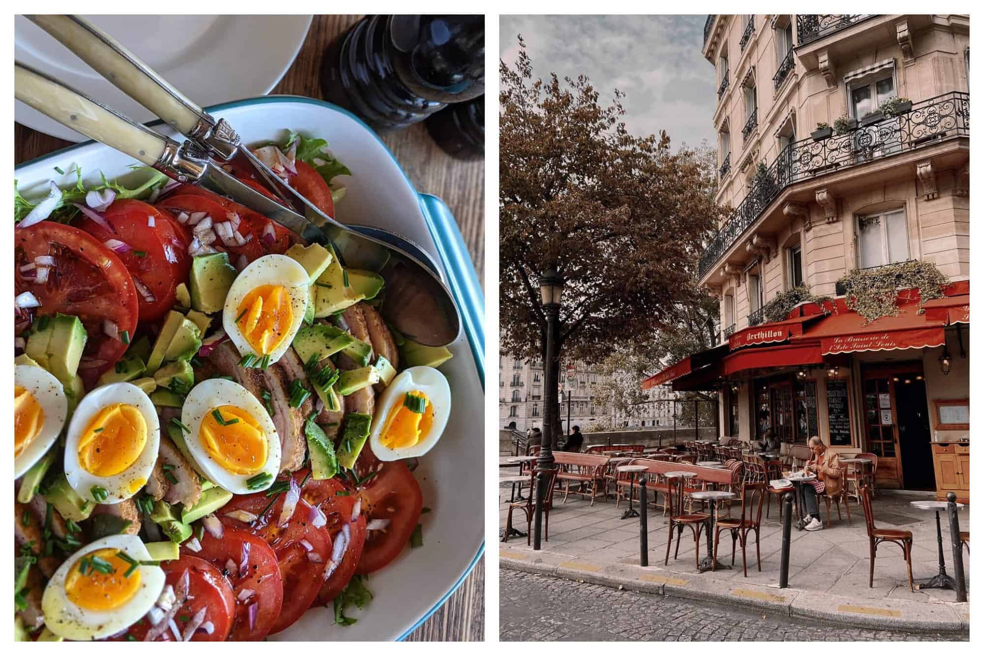 Left: A Parisienne salad. Right: An empty terrace in Paris.