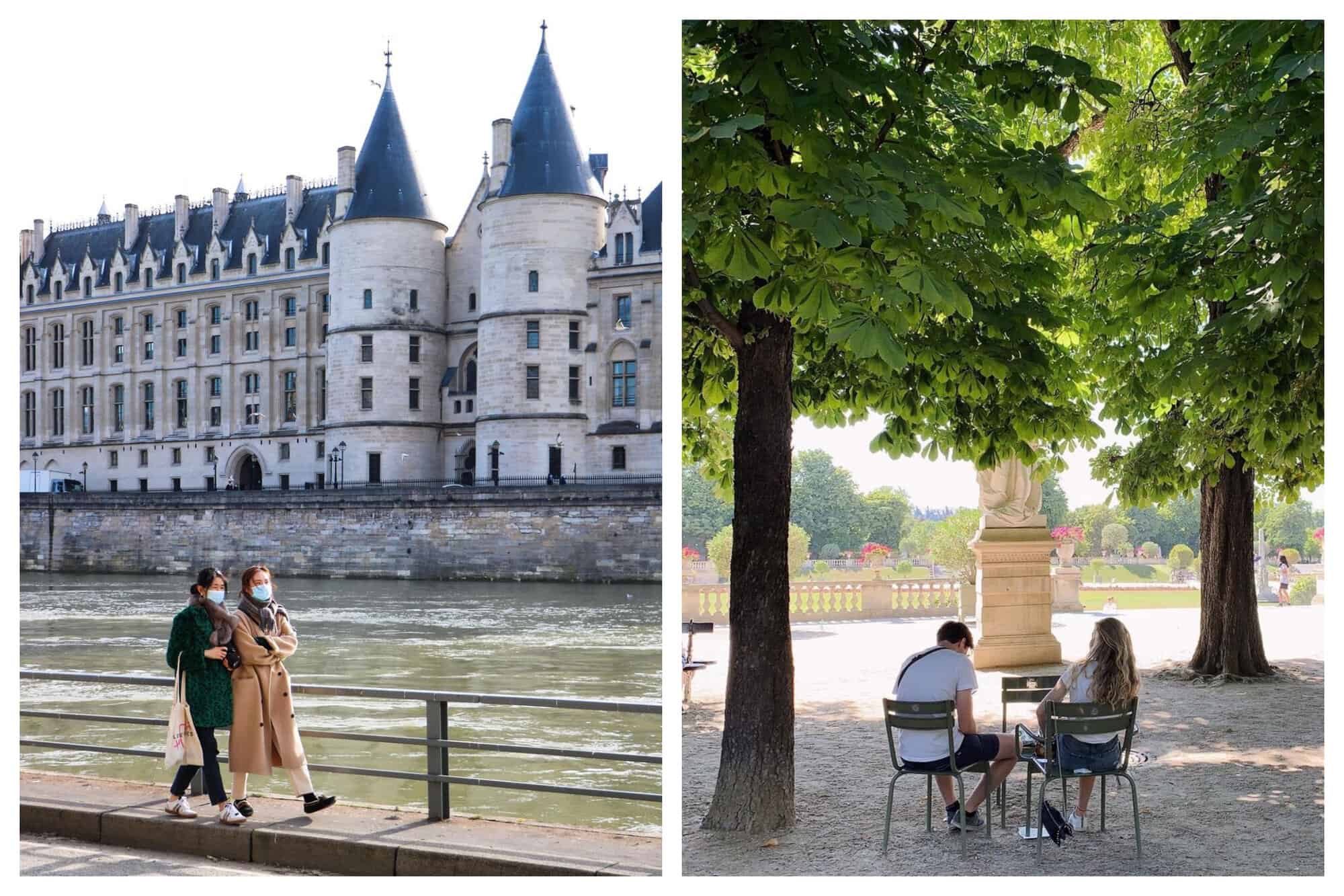 Left: Two women with masks on stroll along the Seine River in front of La Conciergerie. 
Right: Two people sit on green metal chairs in Jardin de Tuileries. 