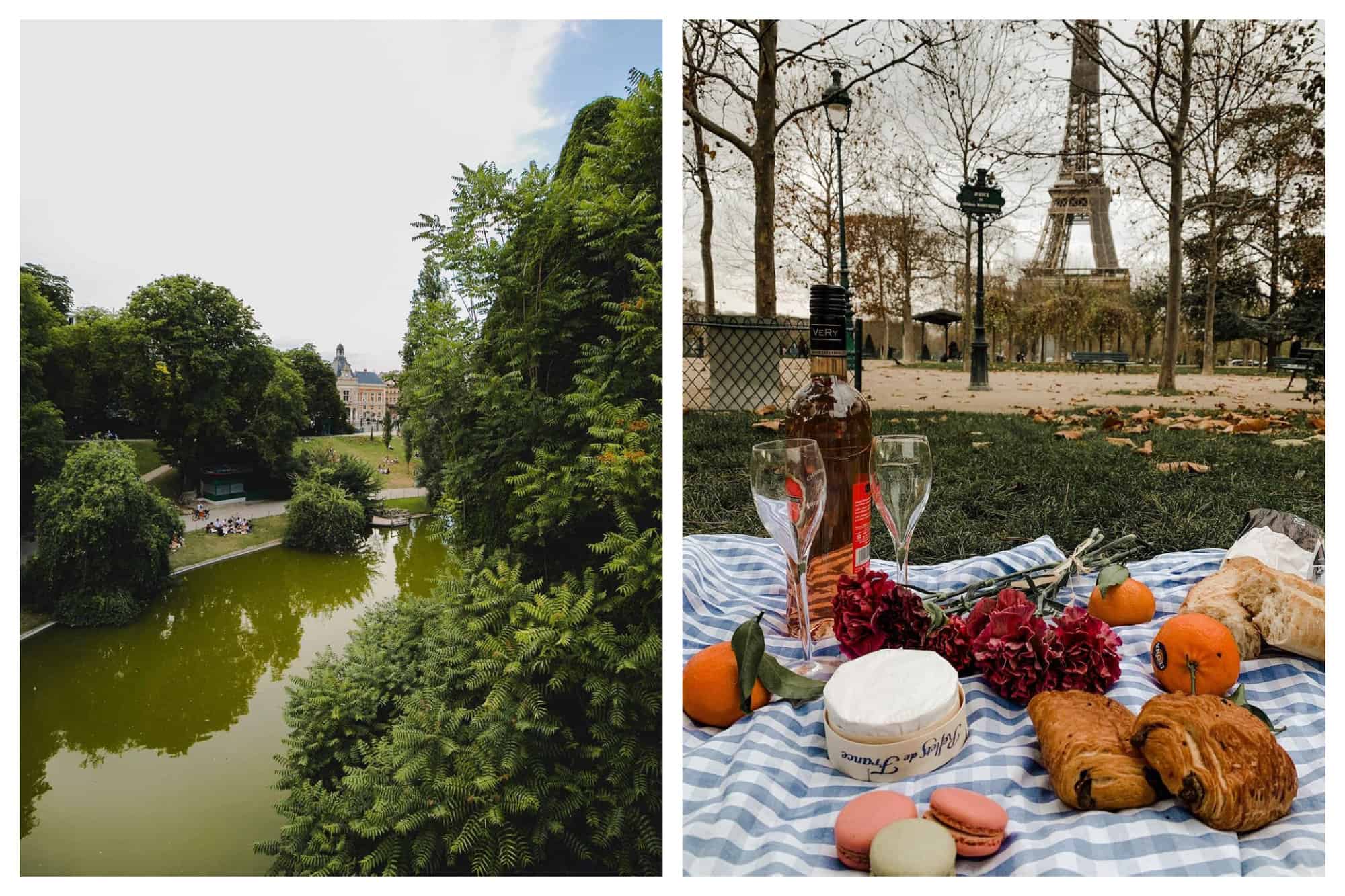 Left: Parc de Buttes Chaumont is sprouting green with a reflect
Right: A typical Parisian picnic blanket with bread, cheese, fruits, flowers, macarons, and wine.