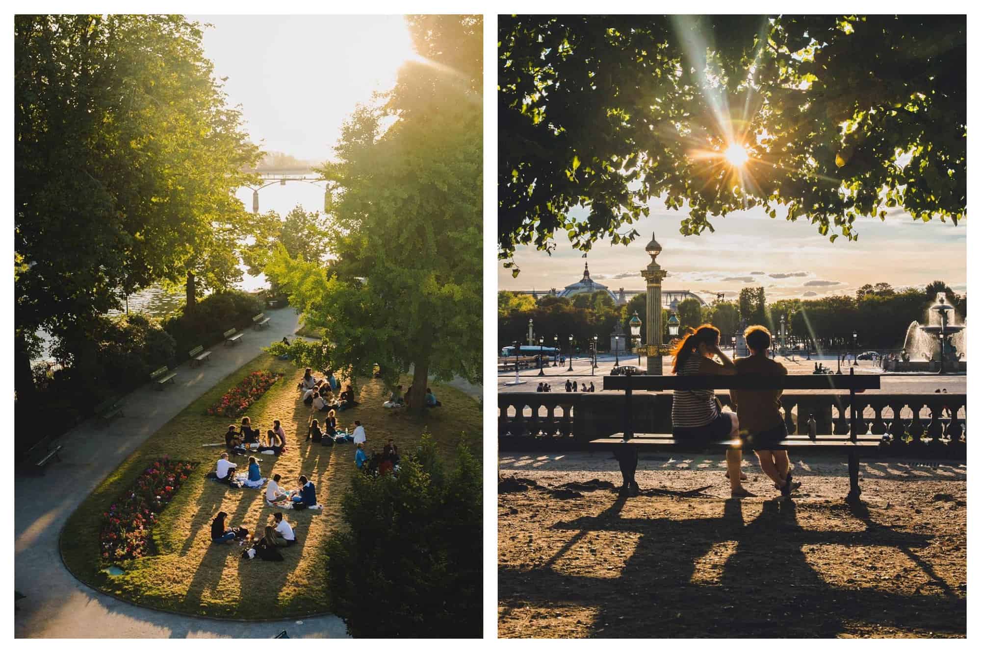 Left: Sun falls across Square du Vert Gallant as many people picnic there.
Right: Two people sit on a bench overlooking Place de la Concorde. 