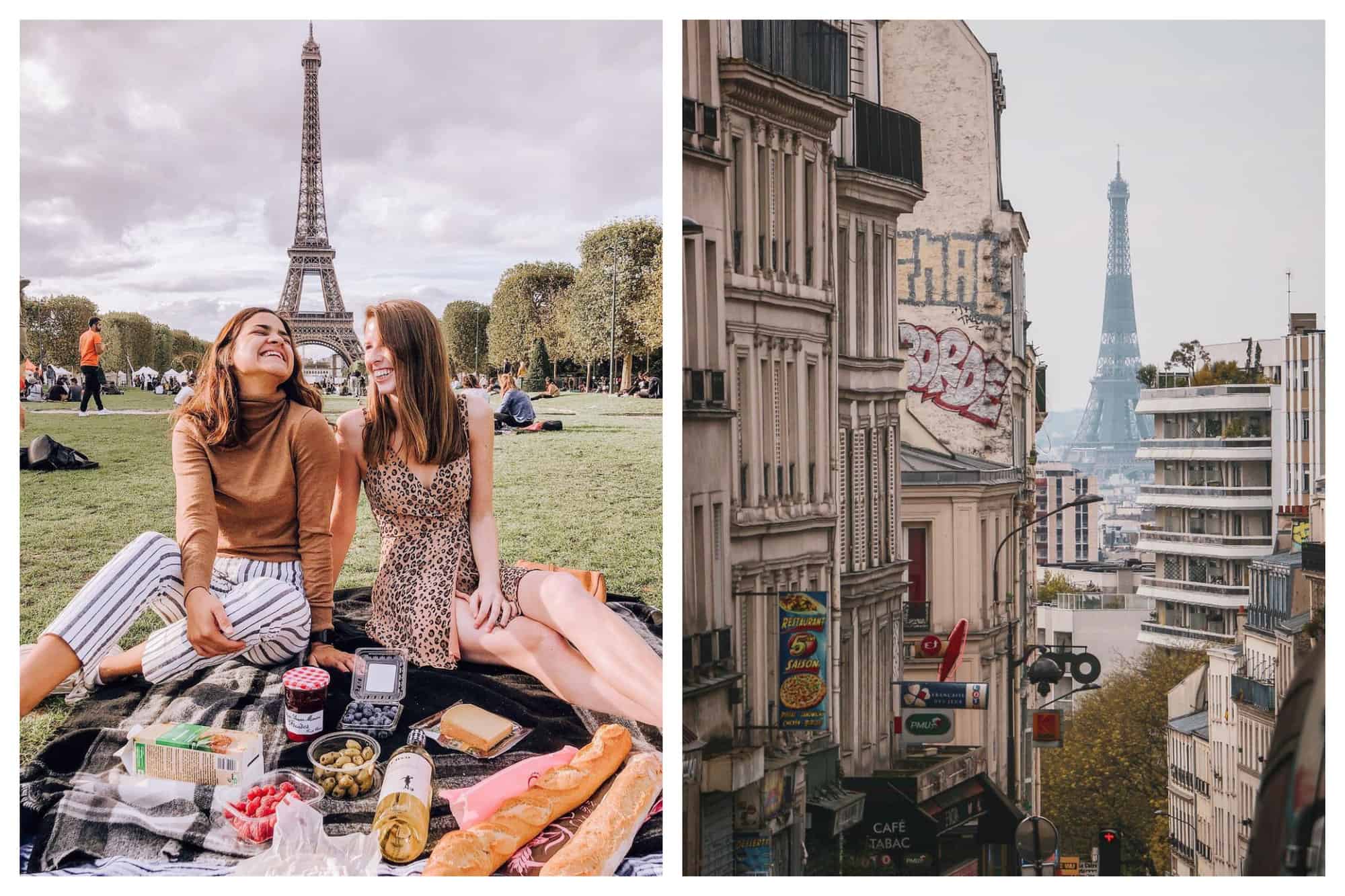 Left: Two young girls laugh at each other, sitting at a picnic at Champs de Mars.
Right: The Eiffel Tower stands out from a vantage point at the top of Rue de Pyrenees. 