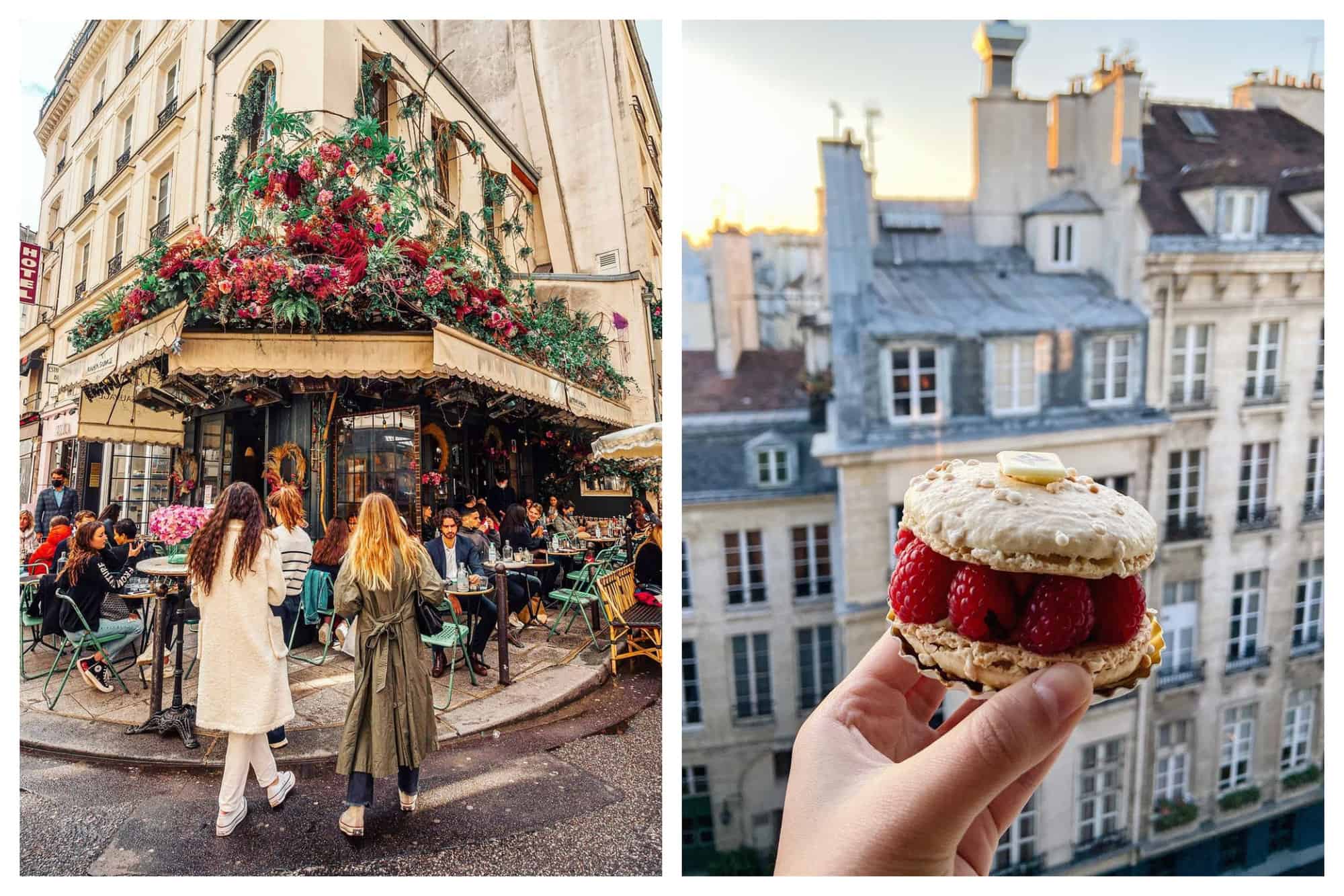 Left: A picture of a Parisian bistrot with customers seated and two ladies approaching from the street. Right: A picture of a French raspberry tart with backgrounds of Parisian buildings and sunset.