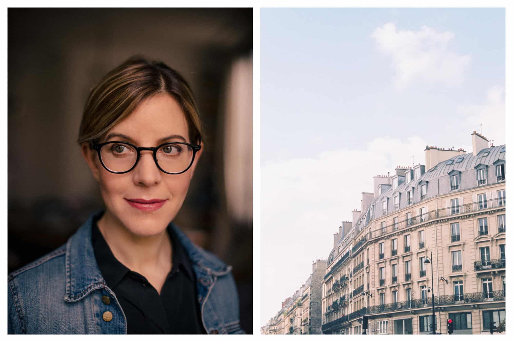 Left: Pamela Druckerman. Right: The outside of a traditional building in Paris.