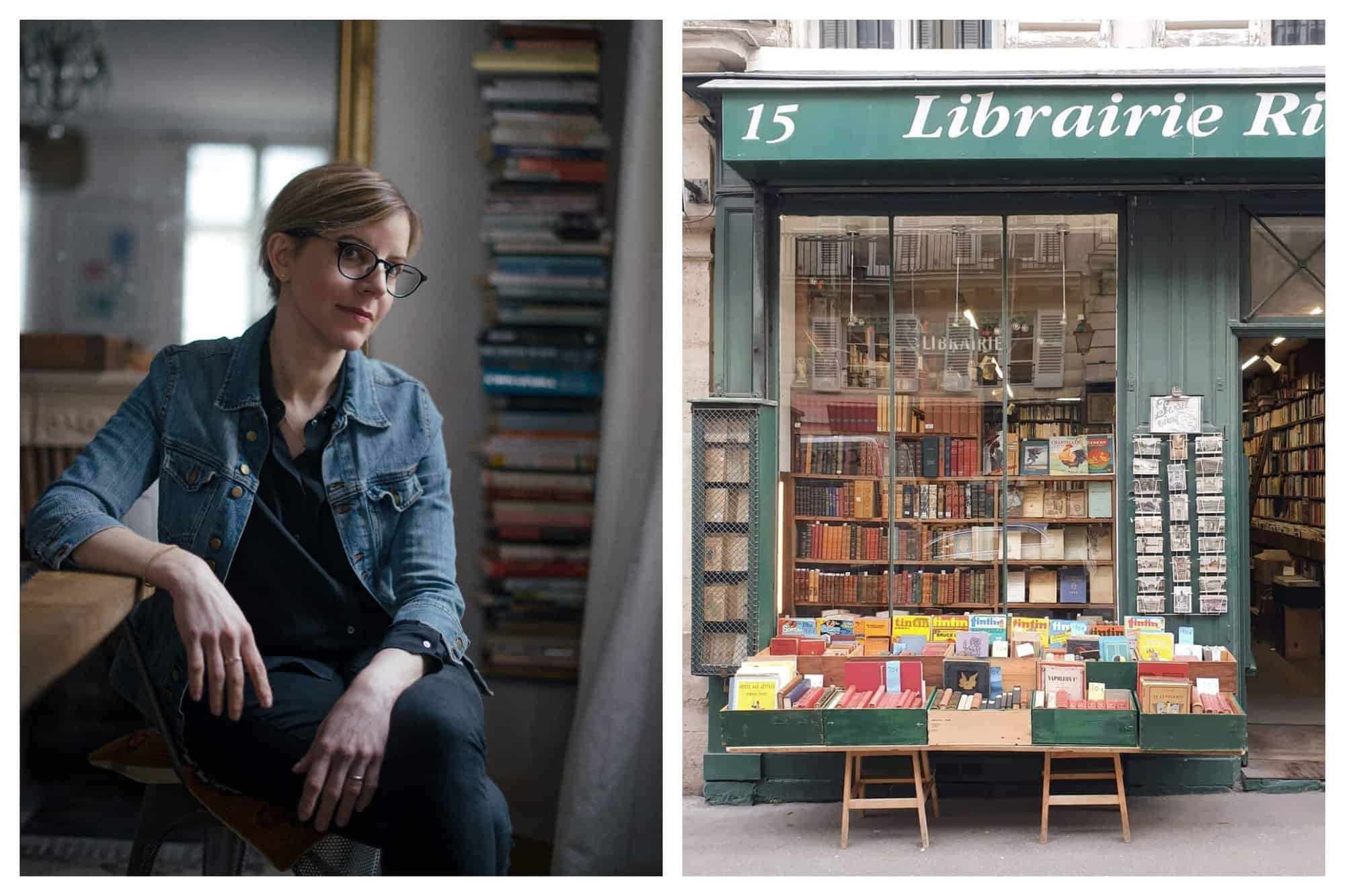 Left: Pamela Druckerman sitting, leaning on the surface next to her, with a stack of books in the background. Right: A bookstore in Paris.