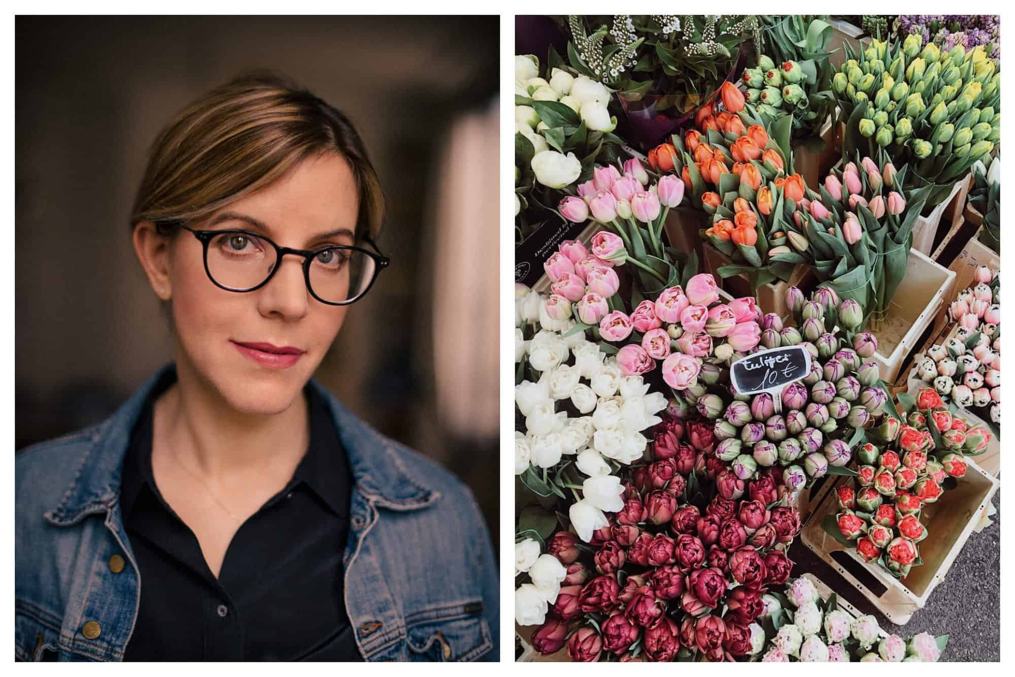 Left: Pamela Druckerman. Right: A variety of flowers, including tulips, on a street in Paris.