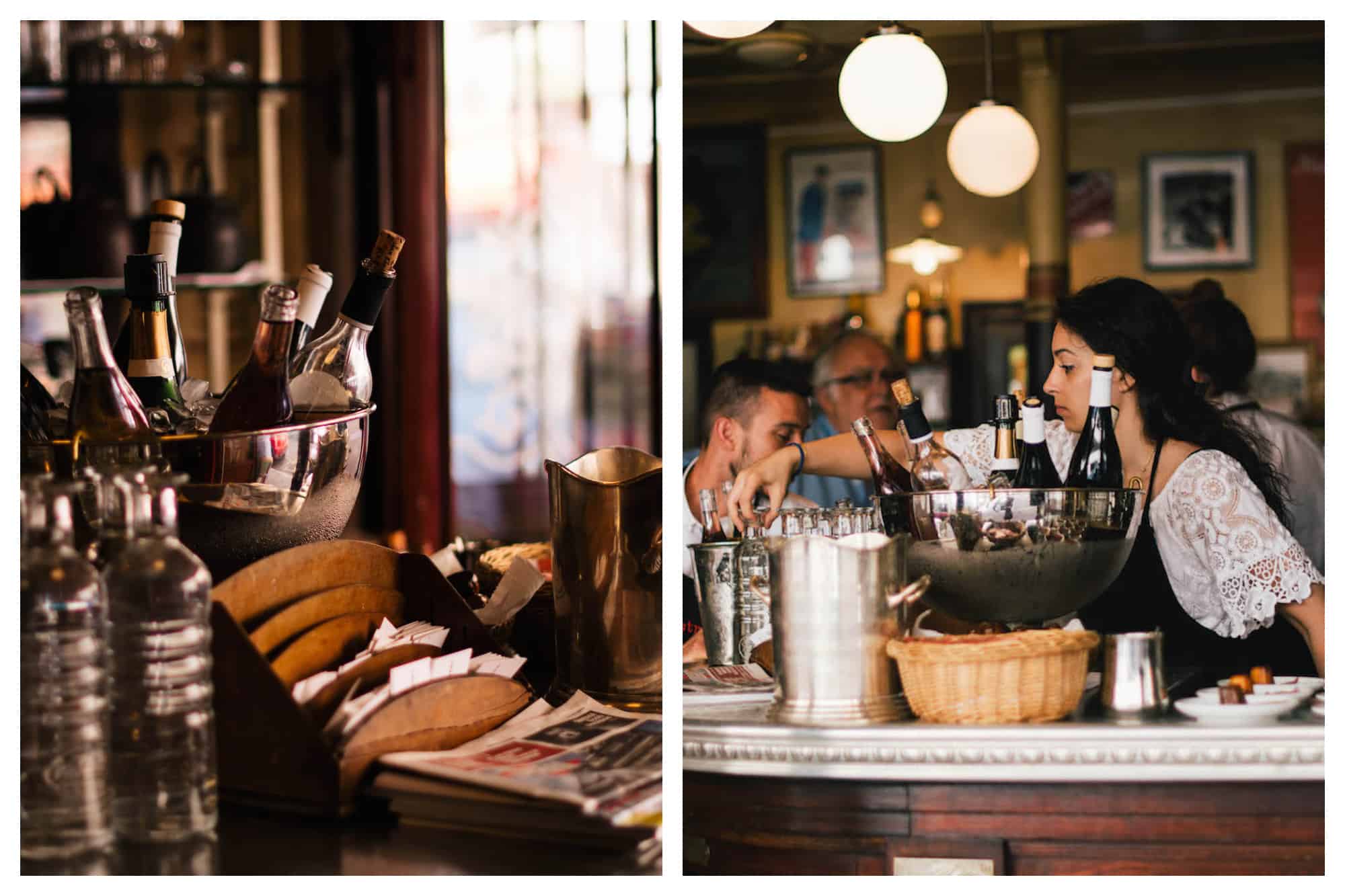 left: bottles of alcohol on a table at Le Bistrot Paul Bert. Right: the server at Le Bistrot Paul Bert serving clients.