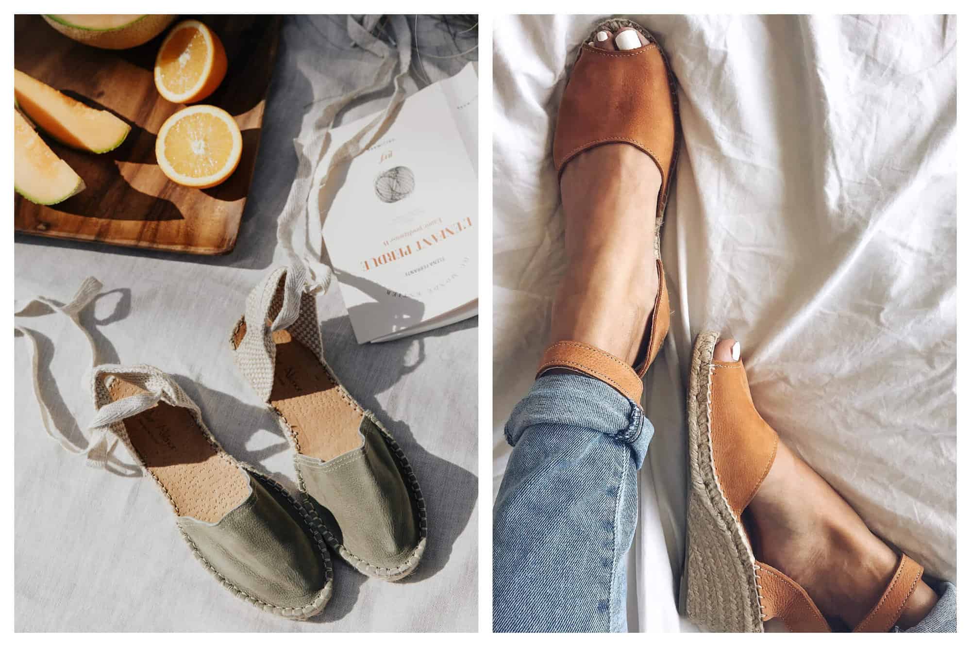 Left: a pair of khaki colored espadrille flats by Atelier Alienor in a flat lay with some sliced melon and oranges and a book. Right: a pair of tan colored wedge espadrilles by Atelier Alienor.  