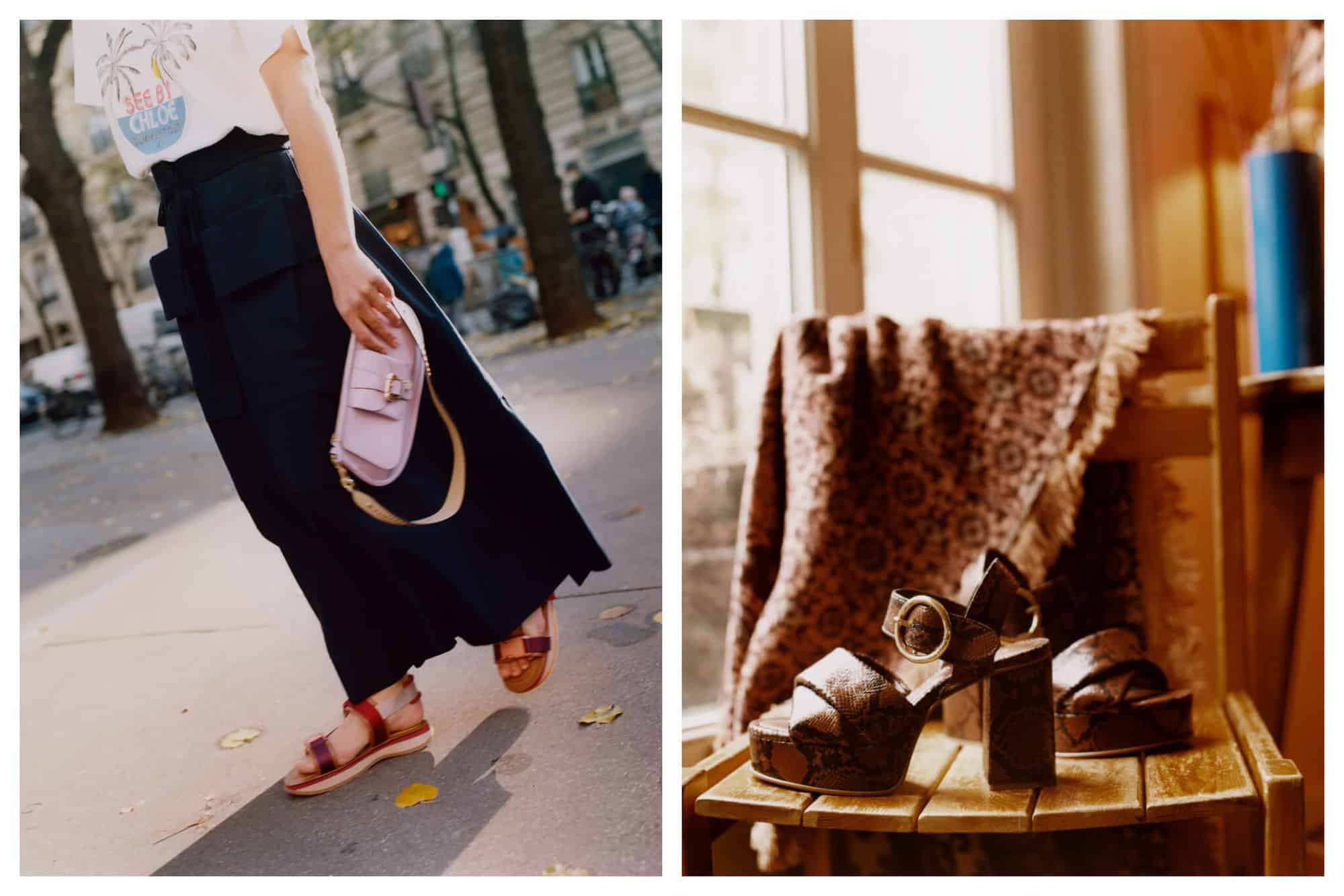 Left: a woman on a Paris street wearing a t-shirt with See by Chloe on the front, a long skirt, sandals and carrying a handbag. Right: a pair of platform brown leather sandal high heels sitting on a wooden chair with a scarf draped over the back. 