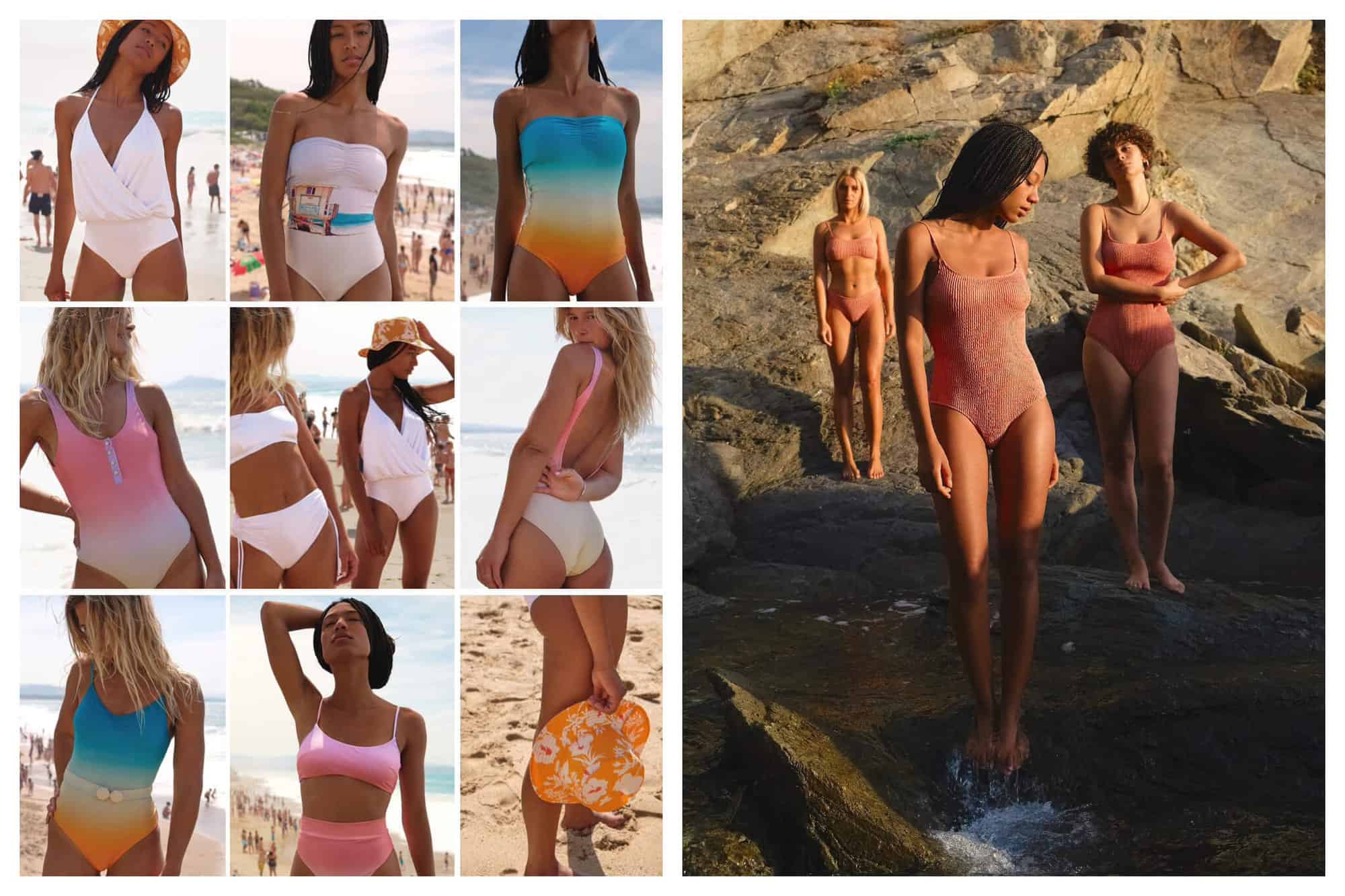 Left: 9 images of women on the beach wearing different swimsuits by Albertine. Right: Three women wearing the same colored swimsuit by Albertine standing on rocks. Two are wearing a one-piece and one is wearing a bikini.