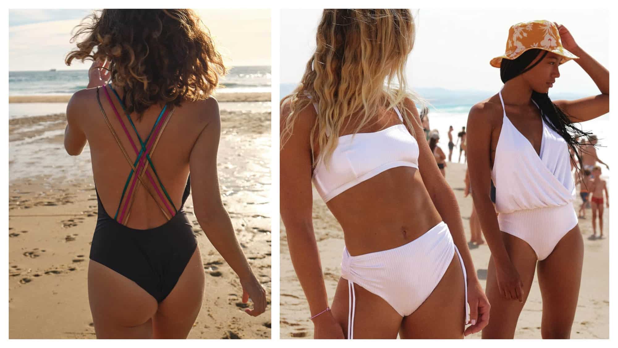Left: a woman walking down the beach towards the ocean with her back to us, wearing a black swimsuit with gold, pink, and blue straps by Albertine. Right: two women on the beach wearing white swimsuits by Albertine, one is a bikini and one is a one-piece. 