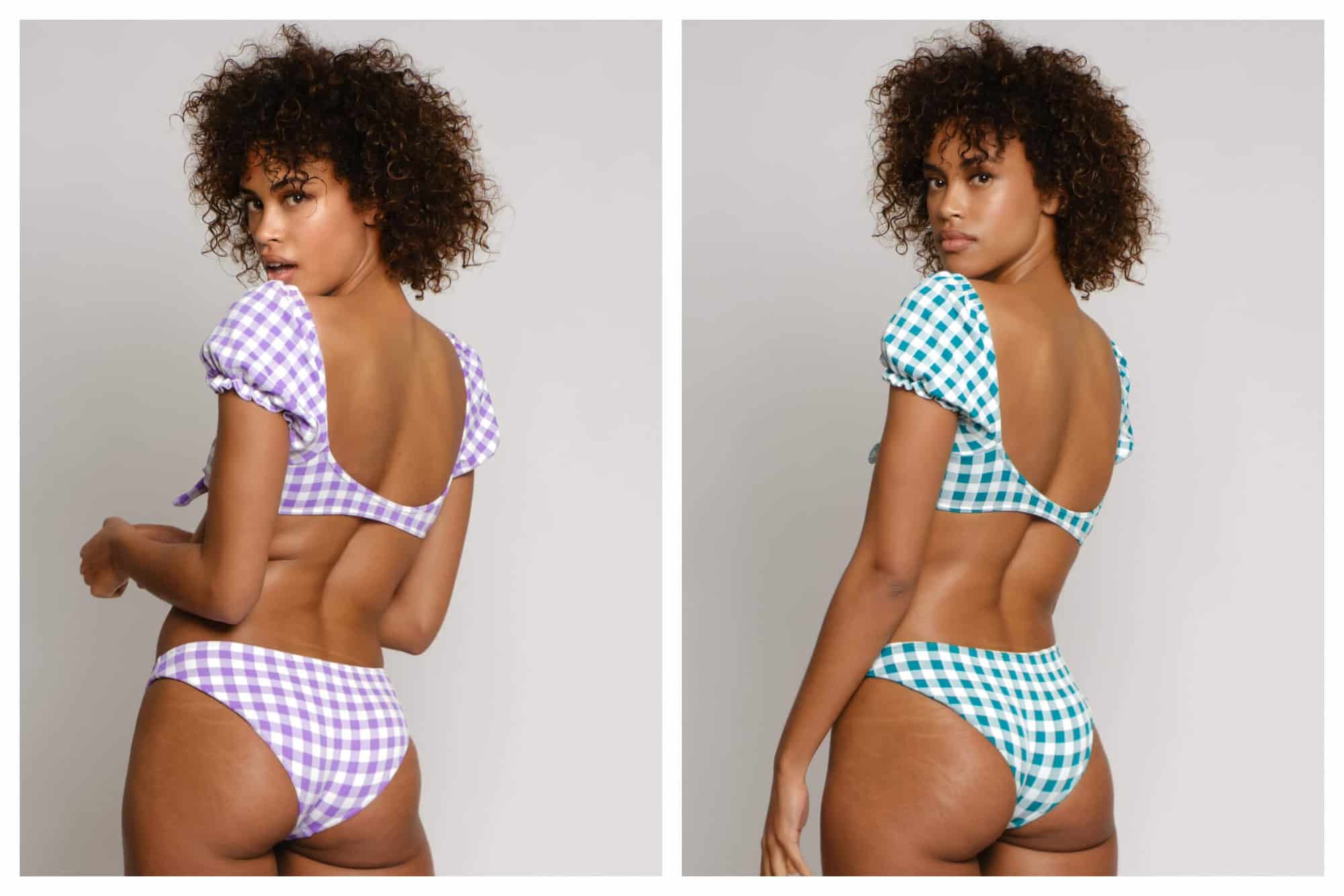 Two images of a model looking over her shoulder at the viewer wearing gingham bikini swimsuits by Leslie Amon, one purple and one green. 