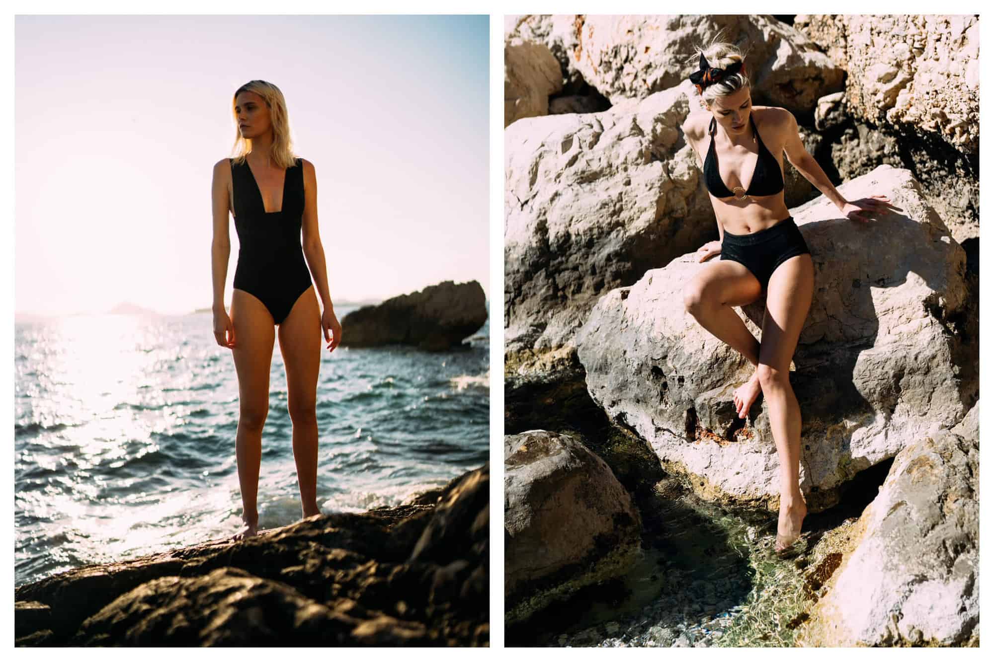 Left: a woman standing on rocks by the ocean wearing a black one-piece swimsuit by Livystone. Right: a woman stepping off rocks into the water wearing a black bikini by Livystone.