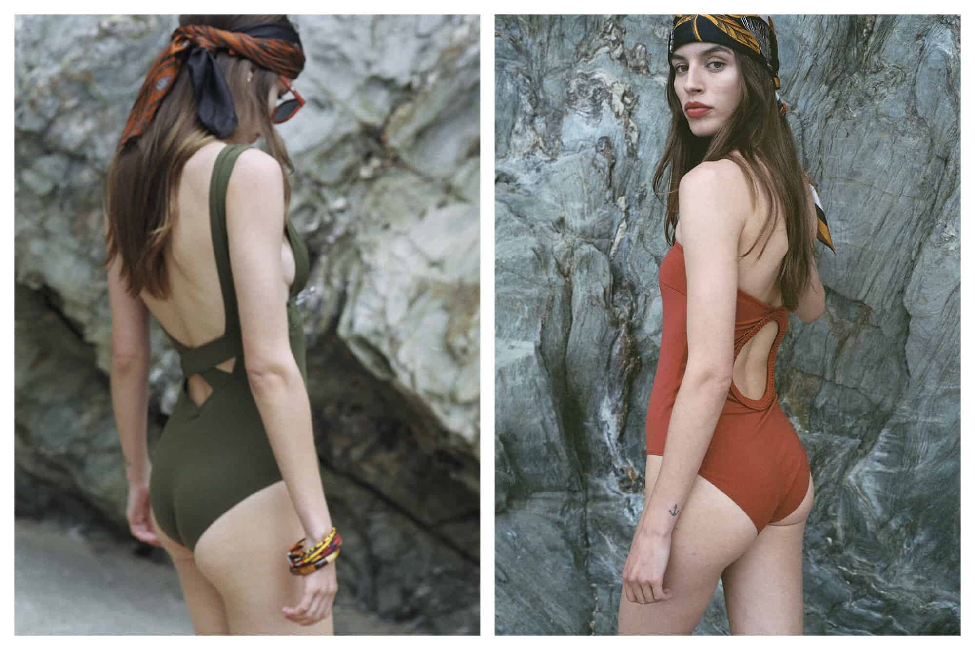 Left: a woman facing a cliff face wearing a khaki green one-piece swimsuit by Livystone. Right: the same woman looking over her shoulder at the viewer wearing a burnt orange one-piece swimsuit by Livystone. 