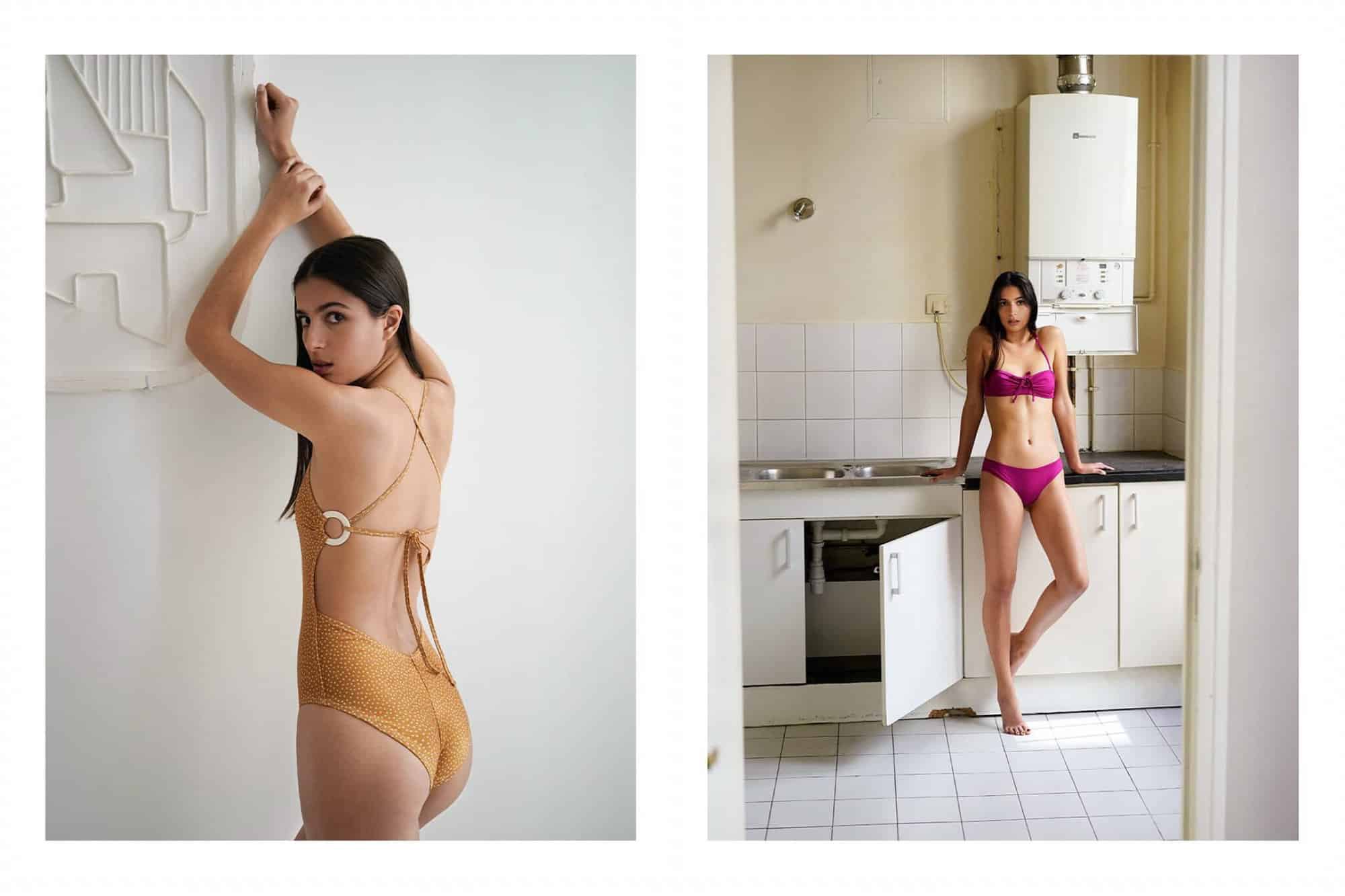 Left: a woman leaning against a white wall looking over her shoulder at the viewer wearing a gold and white polka dot one-piece swimsuit by Yasmine Eslami. Right: a woman leaning on the counter of an empty kitchen wearing a fuchsia bikini by Yasmine Eslami. 