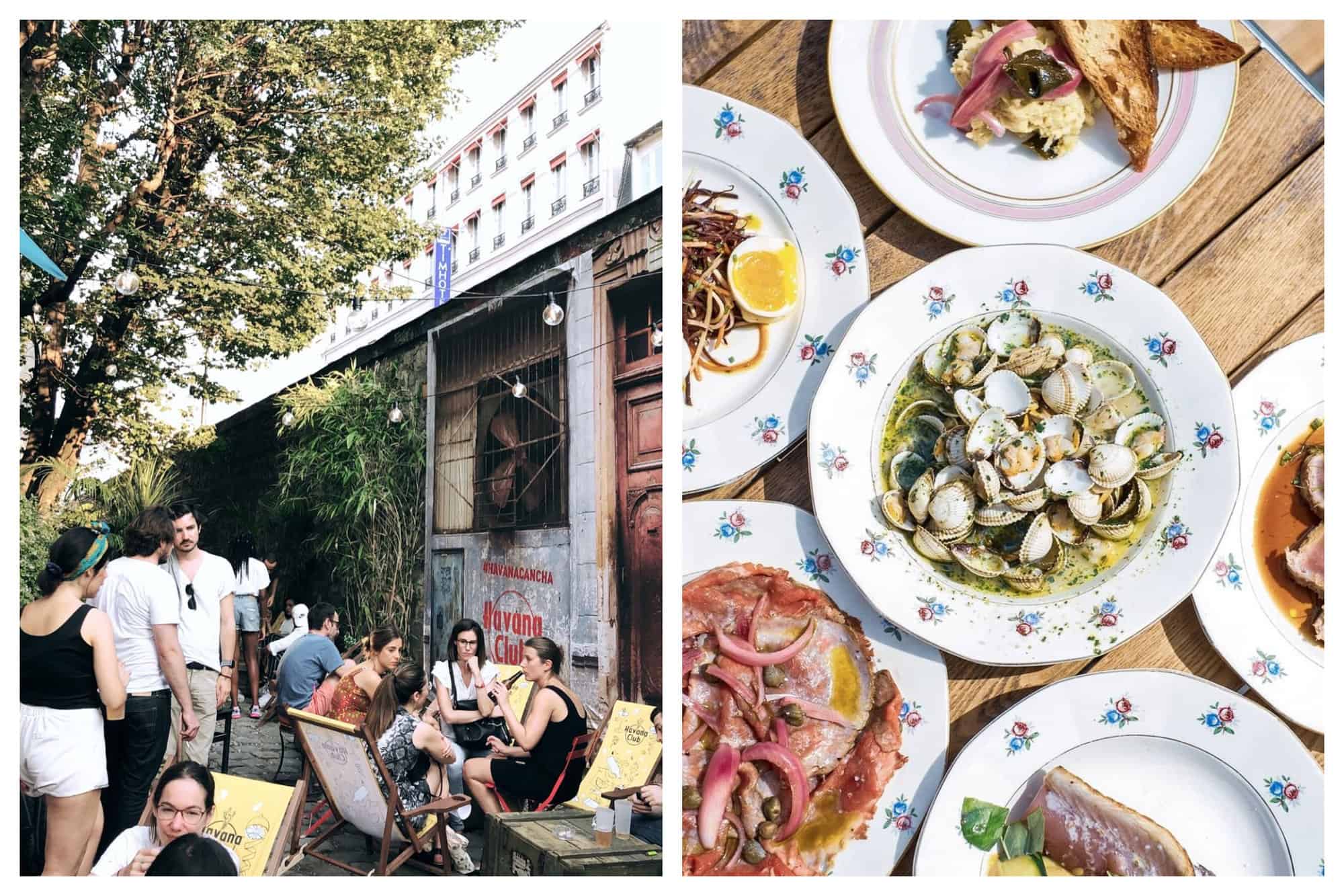 Left: Parisian friends are enjoying their quiet moment in a hidden terrace in Paris called Café A. Right: A plate of different seafood meals you can order from Maison Maison.