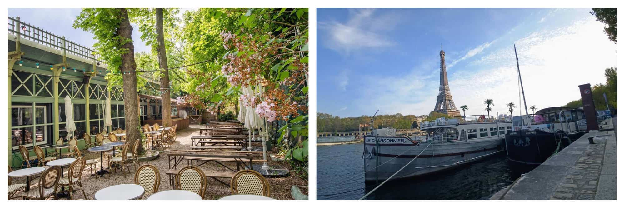 Left: a picture of an outdoor bar in Paris that rests in a Garden full of green trees. There is several tables and benches in the photo however no people. Right: a picture of a boat along the Seine in Paris with the Eiffel Tower in the background on a sunny day.