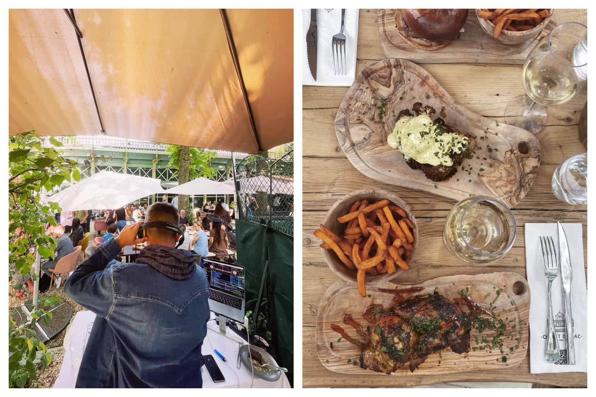 Left: a picture of a DJ playing to a crowd in Summer. The DJ is wearing a blue denim jacket while holding his headphones to his ear. right: a picture taken from above of two plates of beef and a bowl of sweet potato fries. Also in the photo is two glasses of wine and I’m the background a burger and fries.