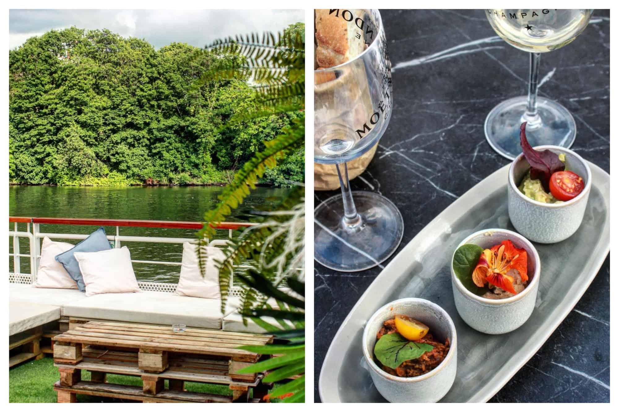 Left: a picture of an outdoor white couch with white cushions along the Seine river in Paris. Right: a picture of two glasses of white wine with a small plate of tapas.
