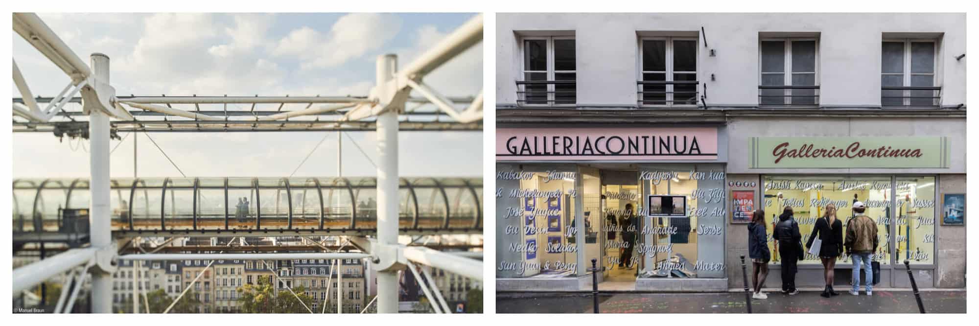 Left: a view from Centre Pompidou looking out to Paris. Right: an exterior shot of Galleria Continua with people looking in the windows. 