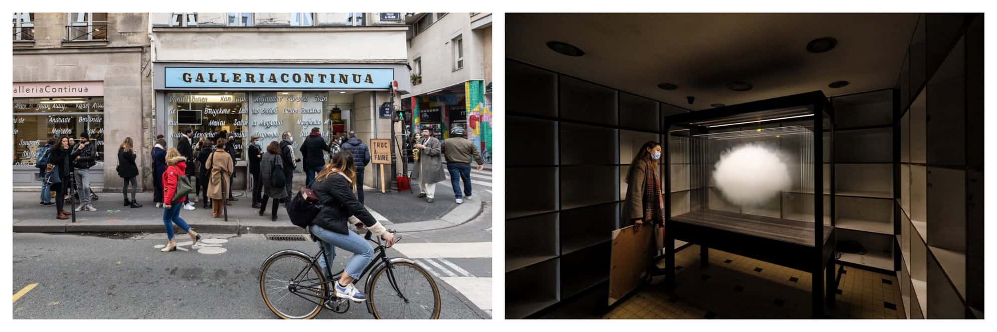 Left: an exterior shot of Galleria Continua in Paris, with people lining up to enter and a woman riding past on a bike. Right: a woman observing an artwork inside Galleria Continua. 