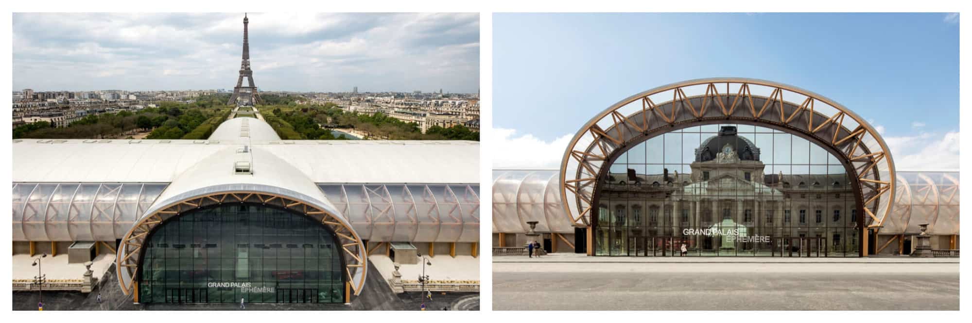 Left: the exterior of Le Grand Palais Ephemere with the Eiffel Tower in the background. Right: another exterior shot of Le Grand Palais Ephemere. 