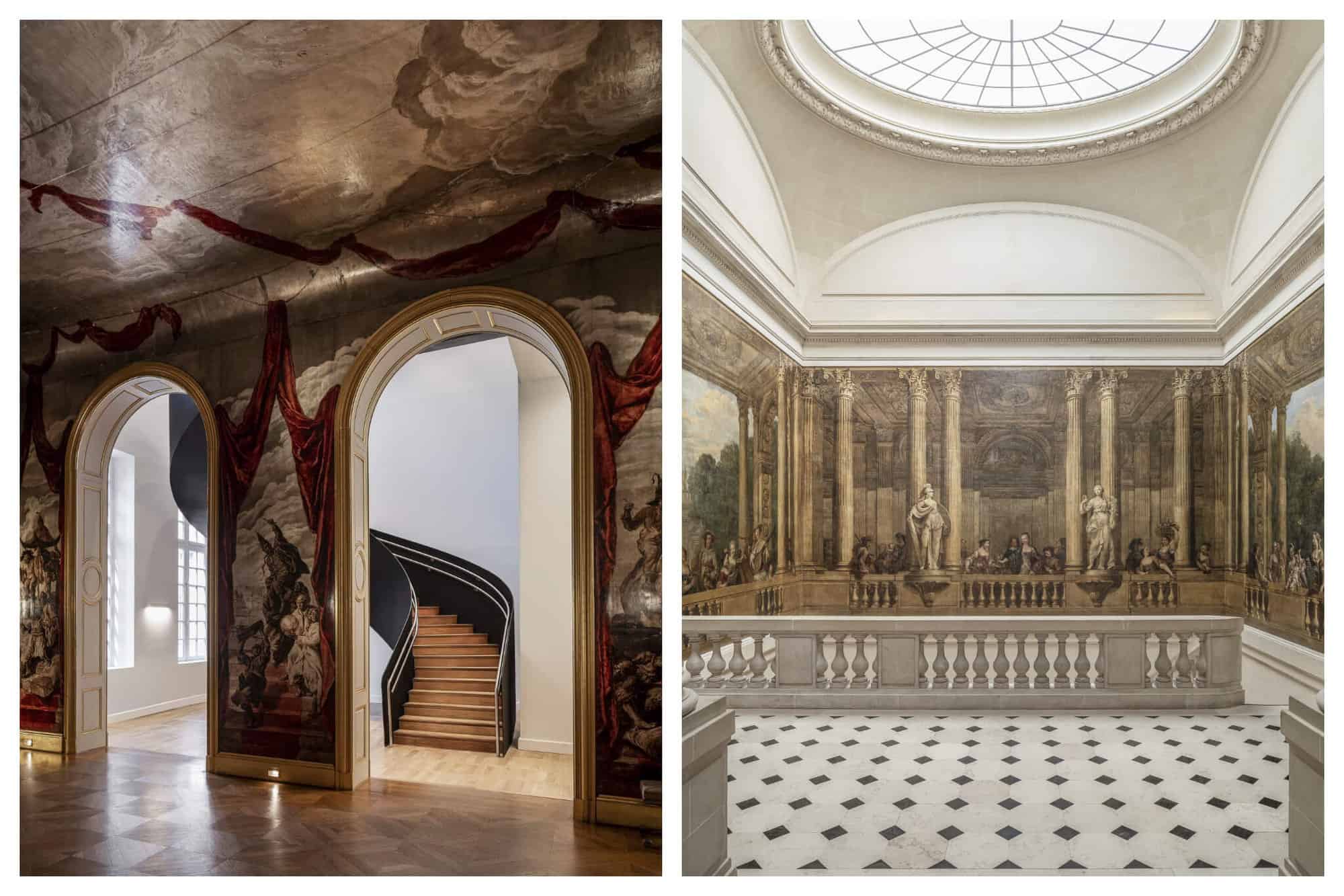 Two interior shots of the Musee Carnavalet showing painted frescoes, marble, and a staircase.