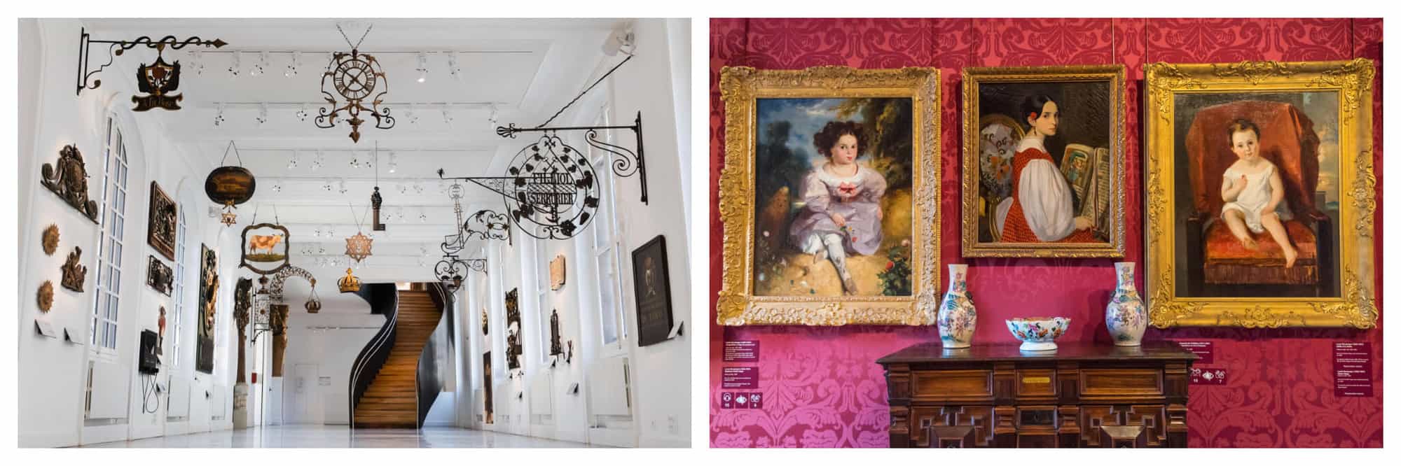 Left: an interior shot of the 'room of signs' at Musee Carnavalet. Right: an interior shot of Maison de Victor Hugo with three paintings on a red fabric covered wall.