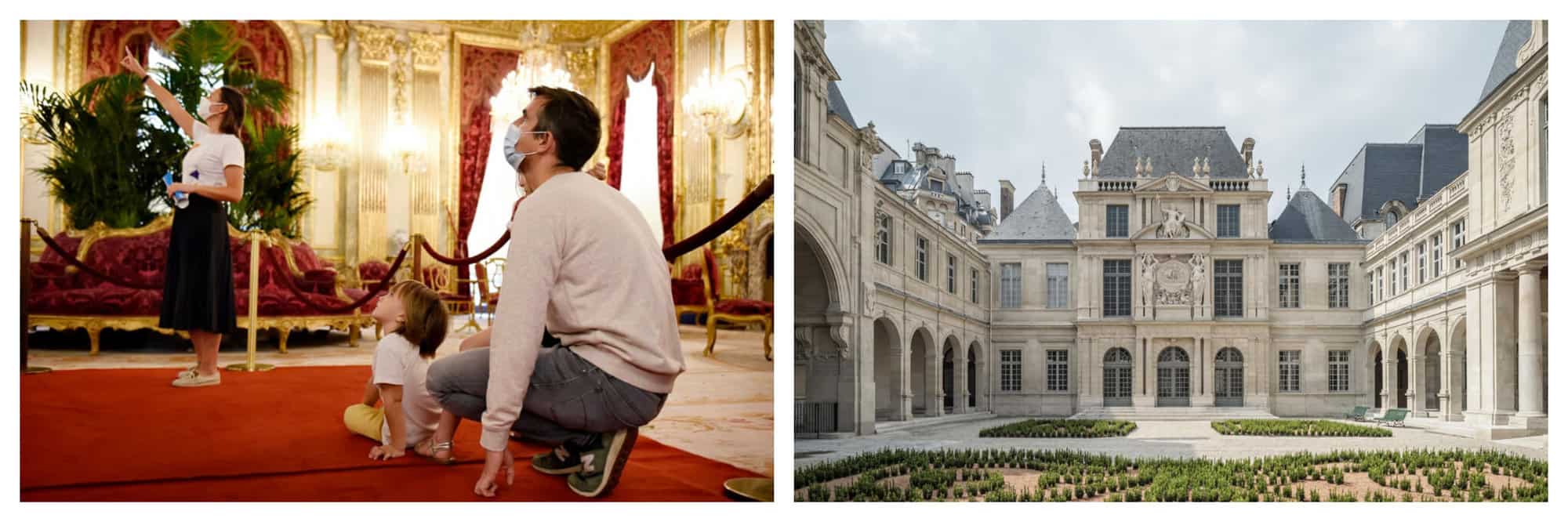 Left: a woman pointing at something inside Musee du Louvre, a child sitting on the ground and a man knelt beside him look where she is pointing. Right: the exterior facade of Musee Carnavalet. 