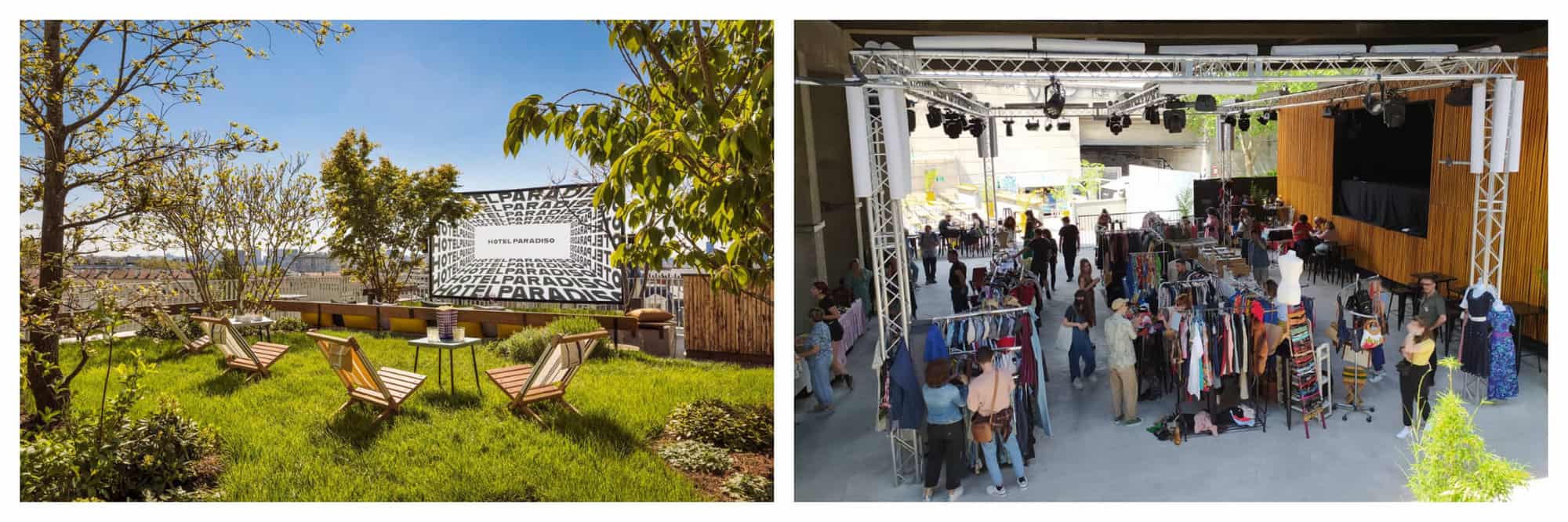 Left: a Parisian rooftop covered in grass and trees with a big screen TV in front of 3 wooden lounge chairs. Right: A shipping container at Kilometre25 in Paris filled with merchants selling clothes and other goods, along with tables on the perimeter with people drinking and eating.