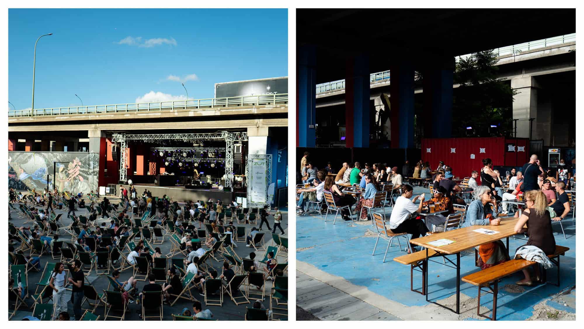 Left: people sitting on deck chairs in front of a stage at ZUT. Right: People sitting on benches and on chairs at tables at ZUT. 