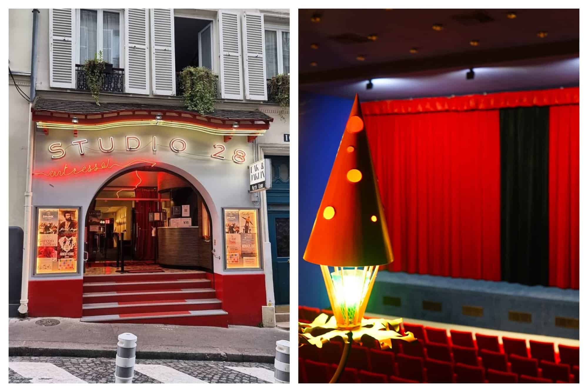 Left: A picture of the building face of the cinema Studio 28 in Montmartre, Paris. Right: Right: A picture of the cinema inside Studio 28 in montmartre, with red velvet curtains and seats.