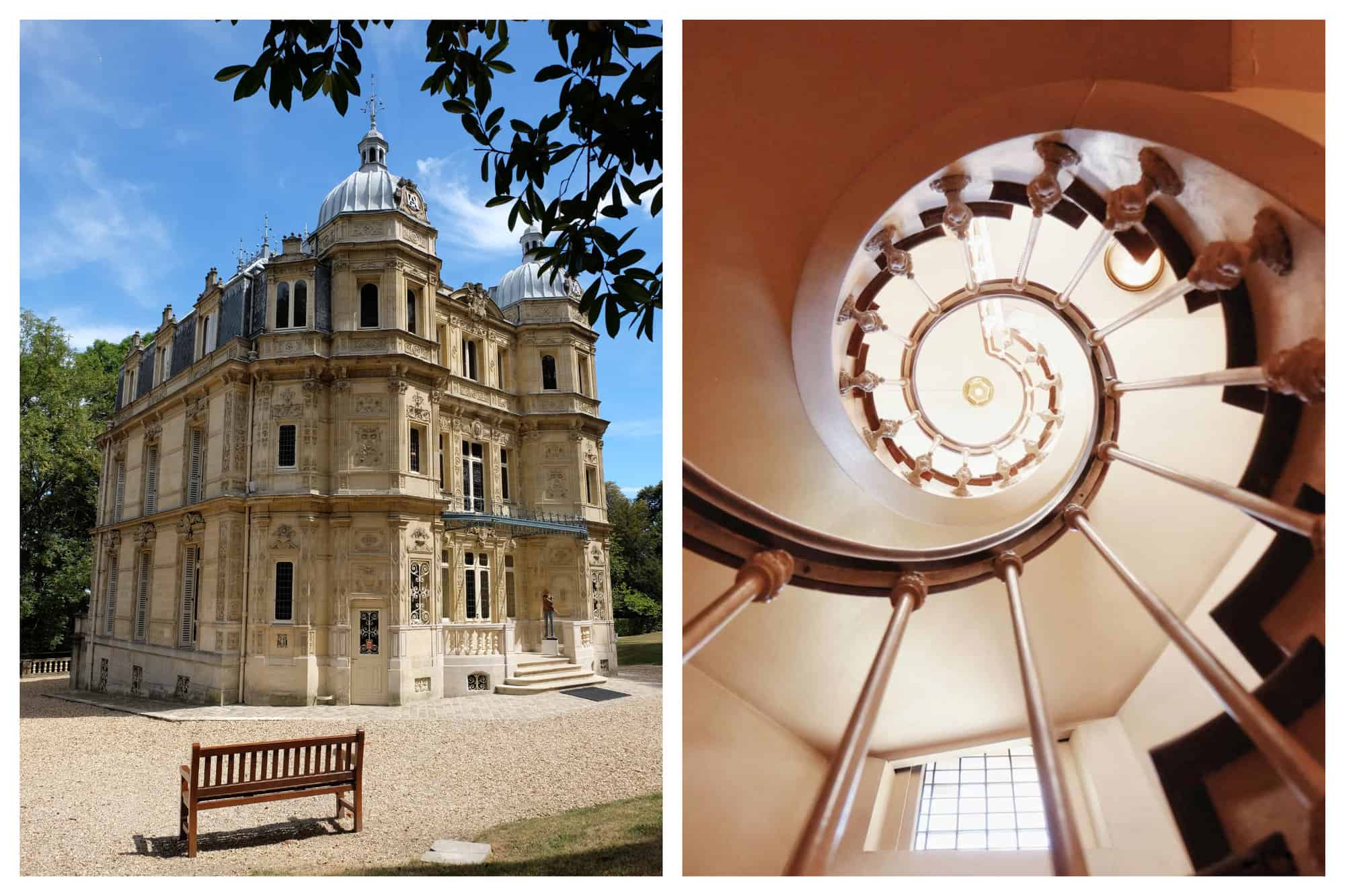 Left: A picture of Château Monte-Cristo in Paris, with blue sky in the background, taken from a low angle. Right: A picture of a spiral staircase inside Château Monte-Cristo in Paris.