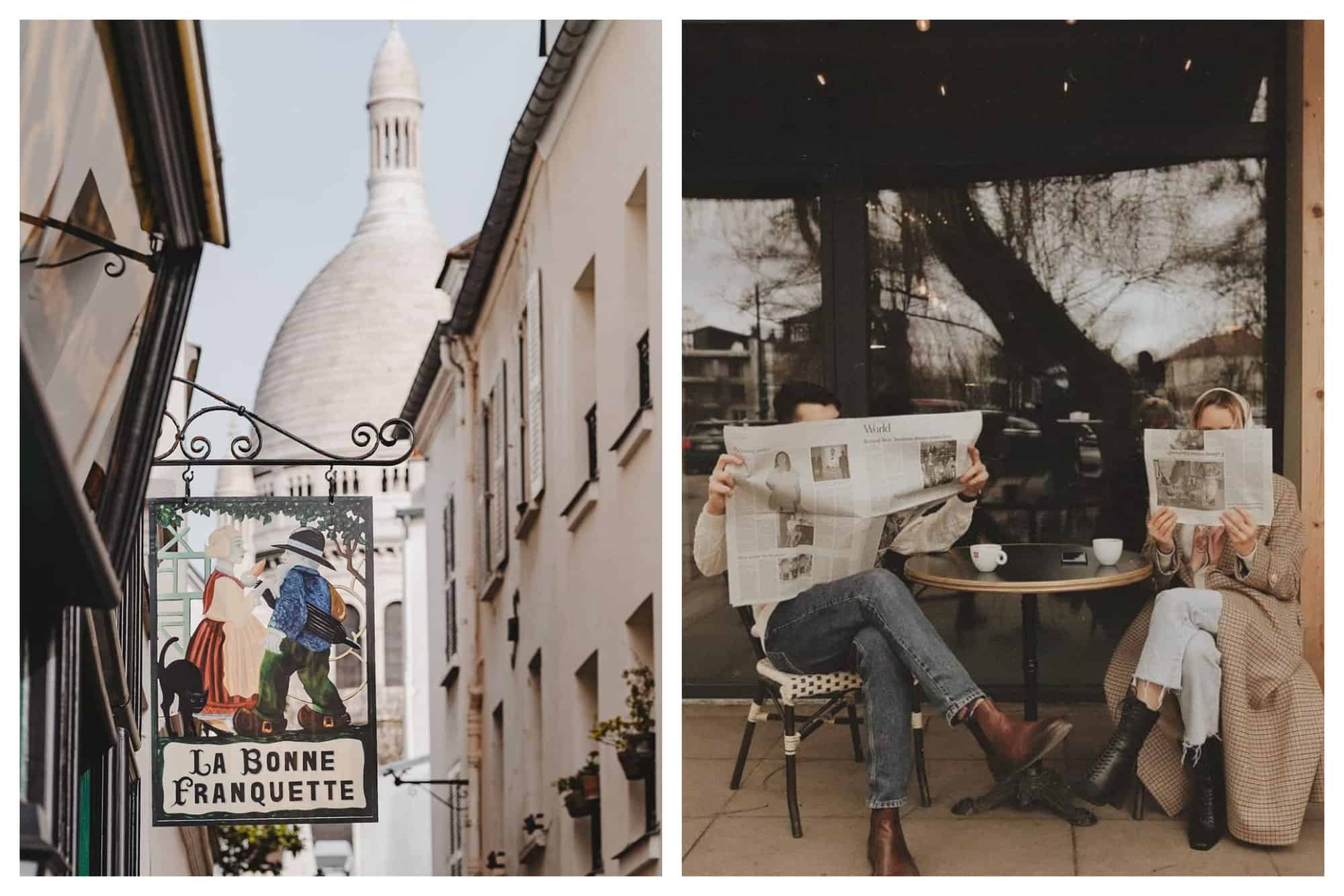 Left: A picture of a lovely cafe / restaurant in Montmartre called La Bonne Franquette with the Sacre Couer in the background. Right: A Picture of a couple sitting down on a terrace with coffee while reading a newspaper. 
